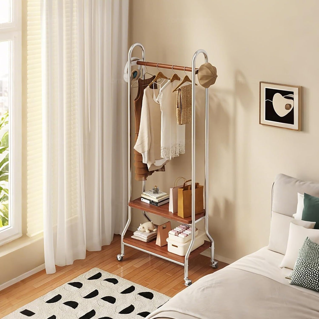 Clothes Rack With Wheels,Portable Rolling Garment Rack For Hanging Clothes,2-layer Shelf,Combination Of Stainless Steel And Solid Wood,Suitable For Entrance,Bedroom,Clothing Store(Black)