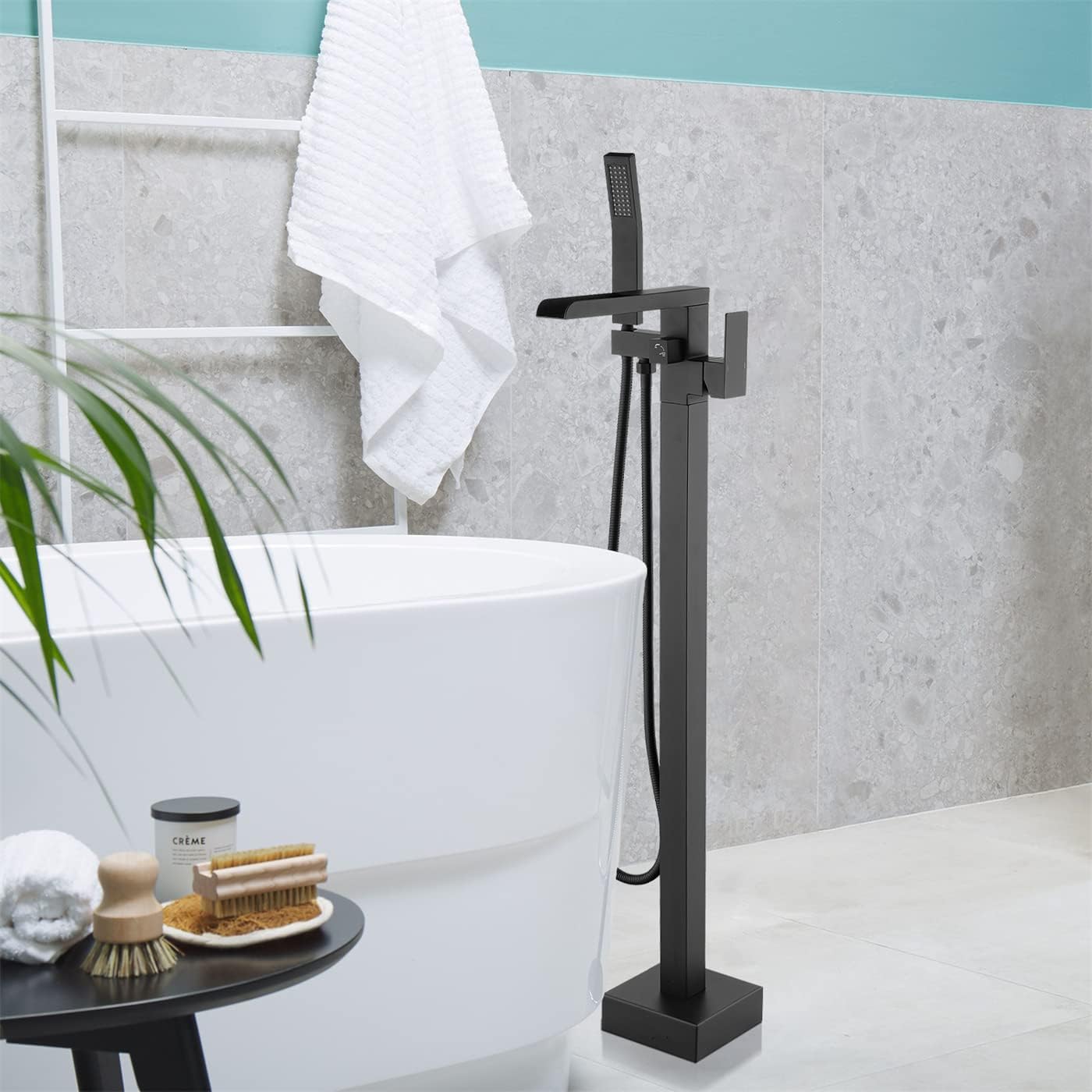 WELLFOR Floor Mount Tub Faucet with Hand Shower 1-handle Freestanding Bathtub Filler Single Handle Show Faucet, High flow 6GPM, Solid Brass Mounting Bracket Shower Faucet Kit, Matte Black