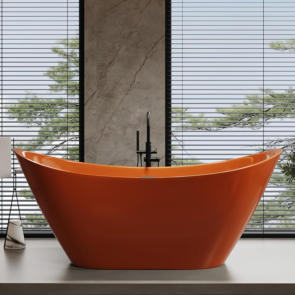 68' Edeyeu Stylish Freestanding Bathtub - Modern Soaker Tub With Double Backrest, Extra Deep Soaking Tub for Full Immersion Bathing, Ergonomically Designed Freestanding Bathtubs with Drain Orange