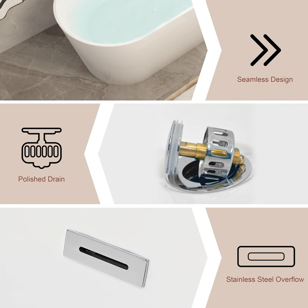 55 Inches Freestanding Soaking Bathtub, Modern Oval Acrylic Hot Tub with Center Chrome Drain & Overflow for Spa, Glossy White