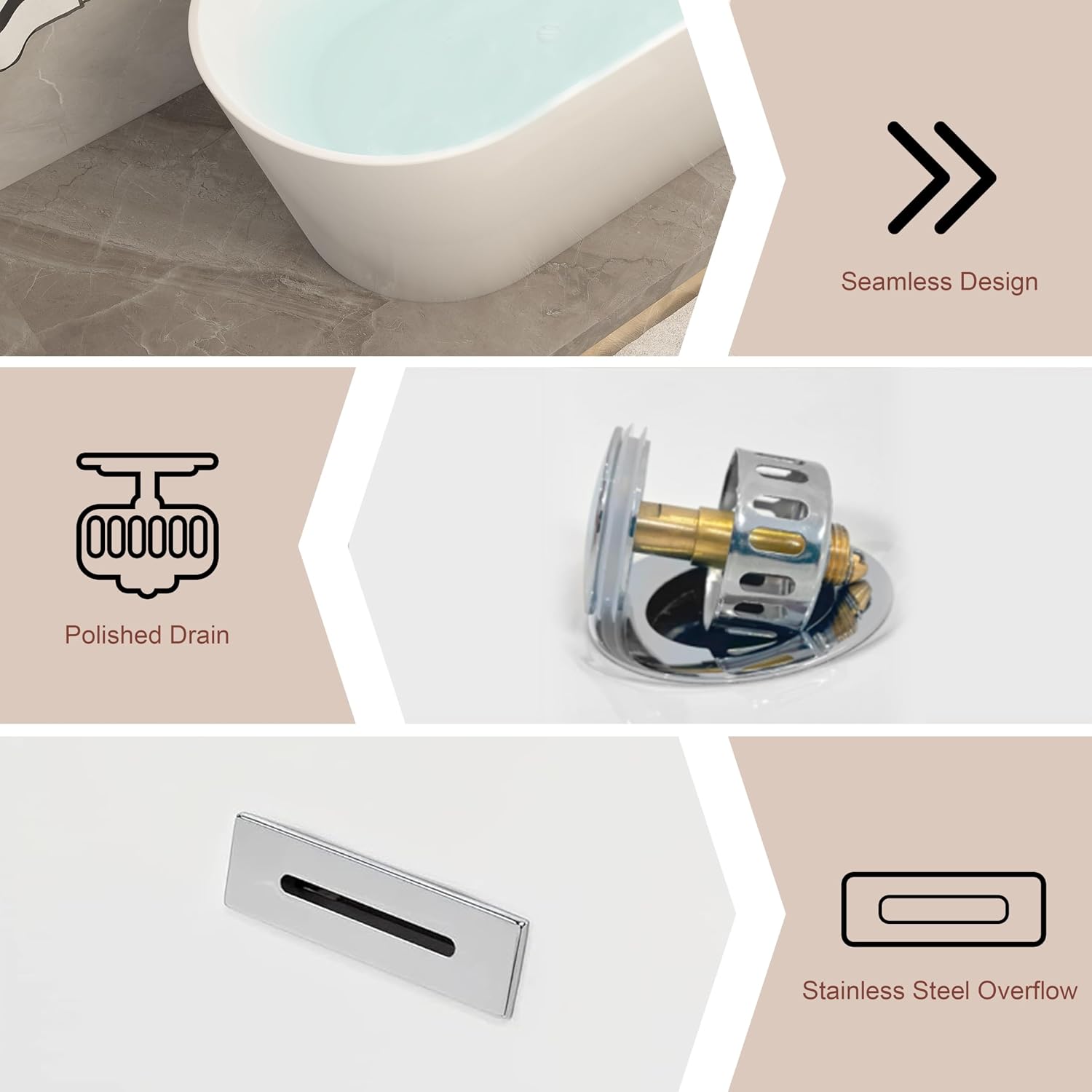 55 Inches Freestanding Soaking Bathtub, Modern Oval Acrylic Hot Tub with Center Chrome Drain & Overflow for Spa, Glossy White