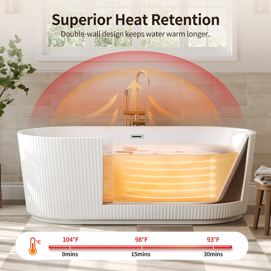 DeerValley 67' Acrylic Freestanding Bathtub, Easy Install Standalone Deep Soaking Tub with Fluted Design, Modern Ergonomic Shower Tub with Center Drain in White, DV-1T0583