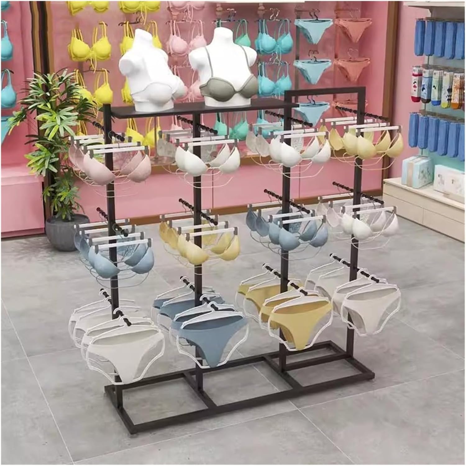 Clothes Rail Garment Rack Clothing Store Underwear Display Rack, Metal Floor Stand Bra Shorts Socks Organizer Commercial Double Sided Shelves With Top Shelves Accessories Retail Display ( Color : Blac