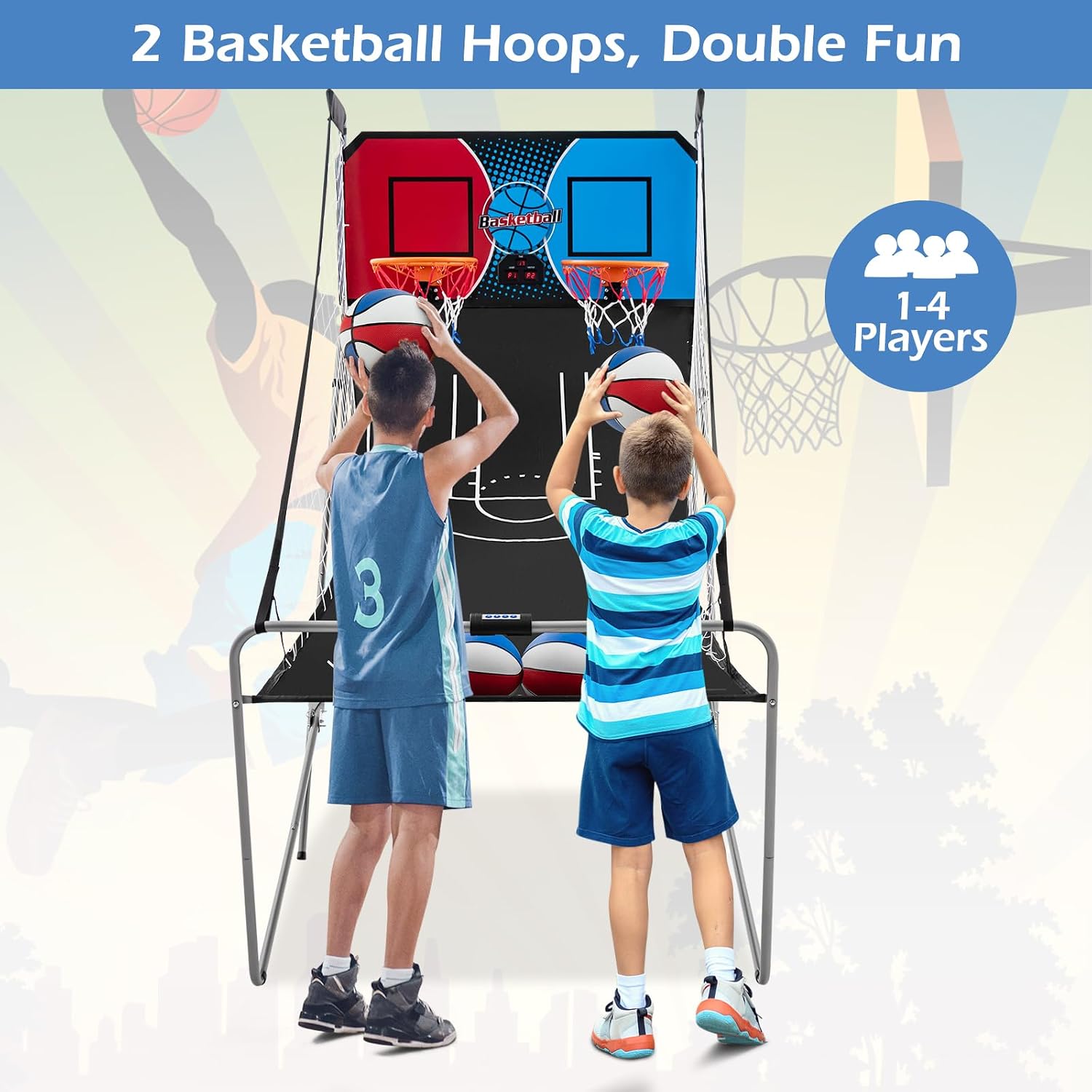 Goplus Foldable Dual Shot Basketball Arcade Game, Electronic Basketball Hoop w/LCD Scoreboard, 8 Game Modes, 4 Balls, Indoor Outdoor Basketball Game Machine for Adults (Red+Navy)