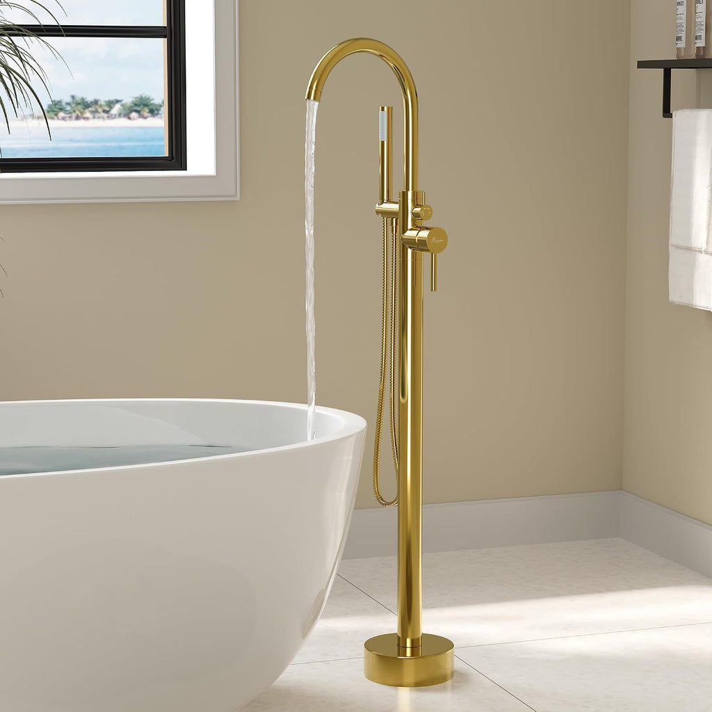 HAWKROWN Freestanding Bathtub Faucet, Floor Mount Bathtub Faucet with 2 Water Outlet Modes, Swivel Gooseneck Spout with Hand Shower, Brass Single Handle Tub filler, Max Flow Rate 7.4 GPM, Gold