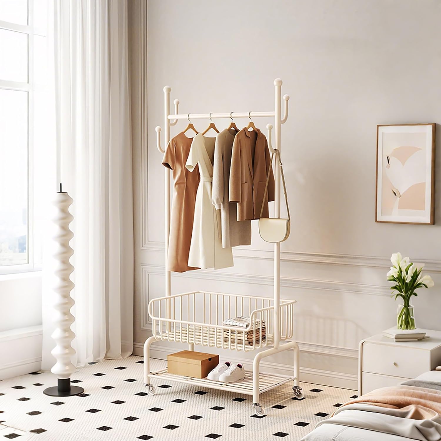 Heavy Duty Clothing Racks With Wheels,Rolling Garment Rack For Hanging Clothes,Metal Rolling Closet Organizer,Clothes Racks With Storage Shelves(White,60cm/23.6in)