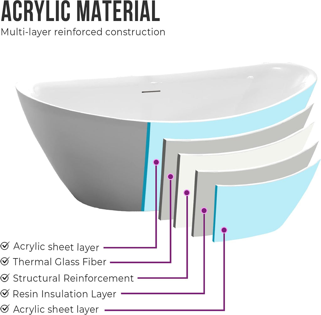 Vanity Art 71' X 33' Freestanding Bathtub | Home Improvement Bathtubs with Contemporary Design for Soaking and Bathing, Overflow and Pop-up Drain with UPC Certified, Acrylic, VA6807-IO