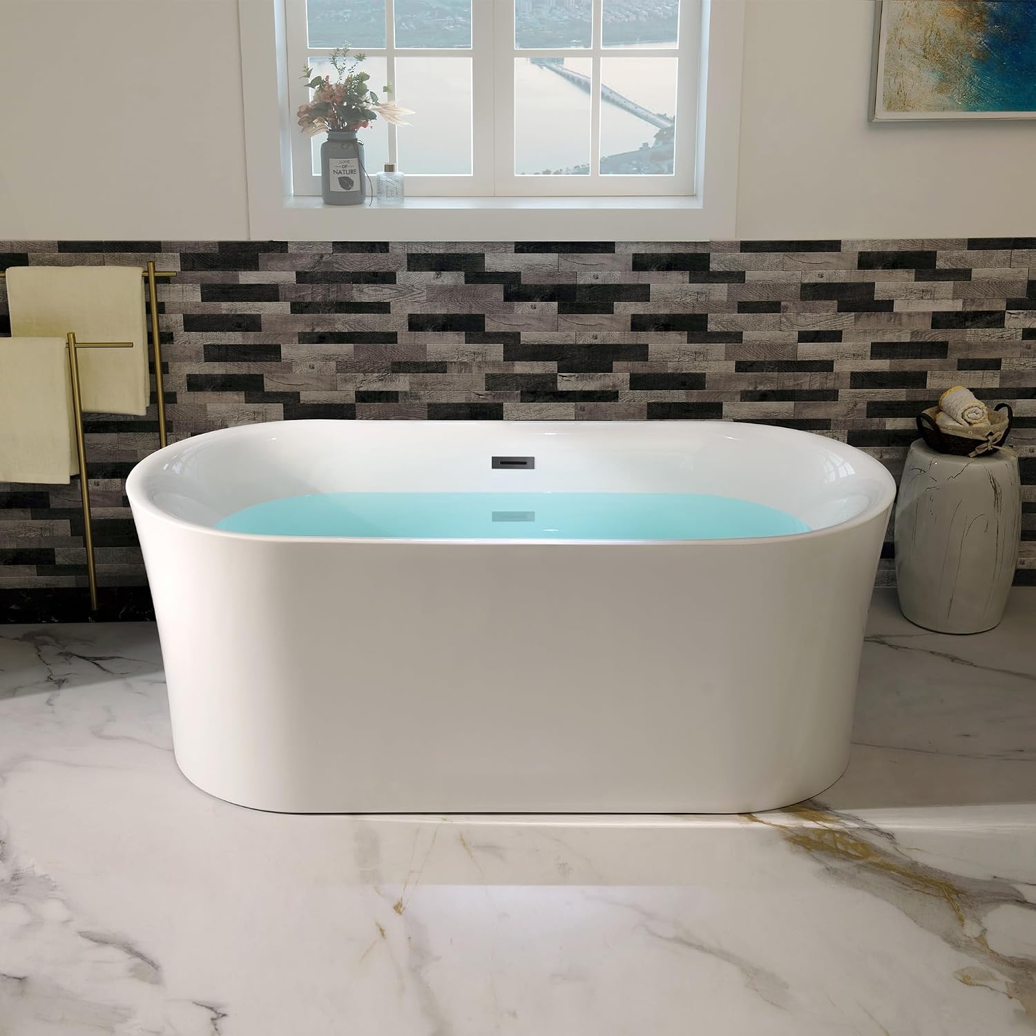 WOODBRIDGE 59' Acrylic Freestanding Bathtub Contemporary Soaking Tub with Matte Black Overflow and Drain,White Tub,B0058-MB