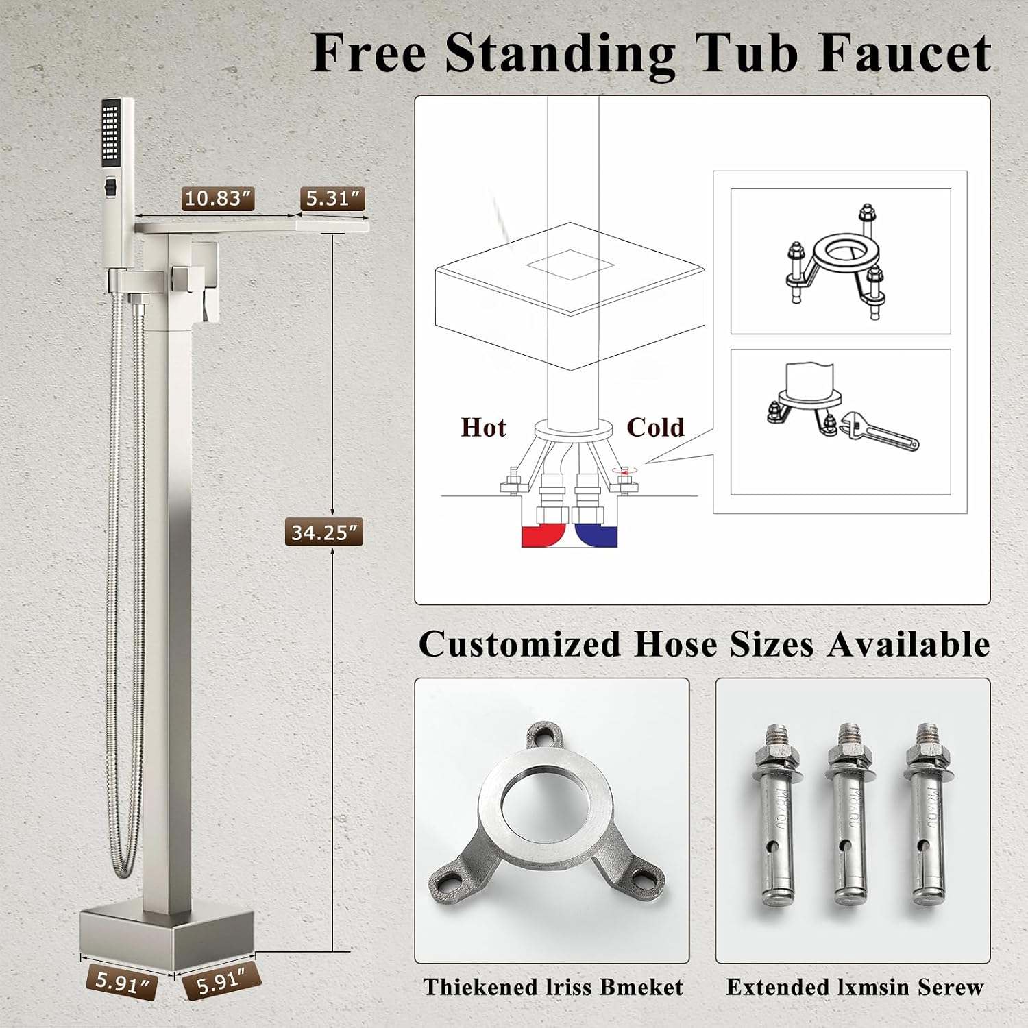 Freestanding Bathtub Faucet with Handheld Sprayer, Brushed Nickel Floor Mount Tub Filler, High Flow Waterfall Brass Bath Shower Faucet for Modern Bathroom