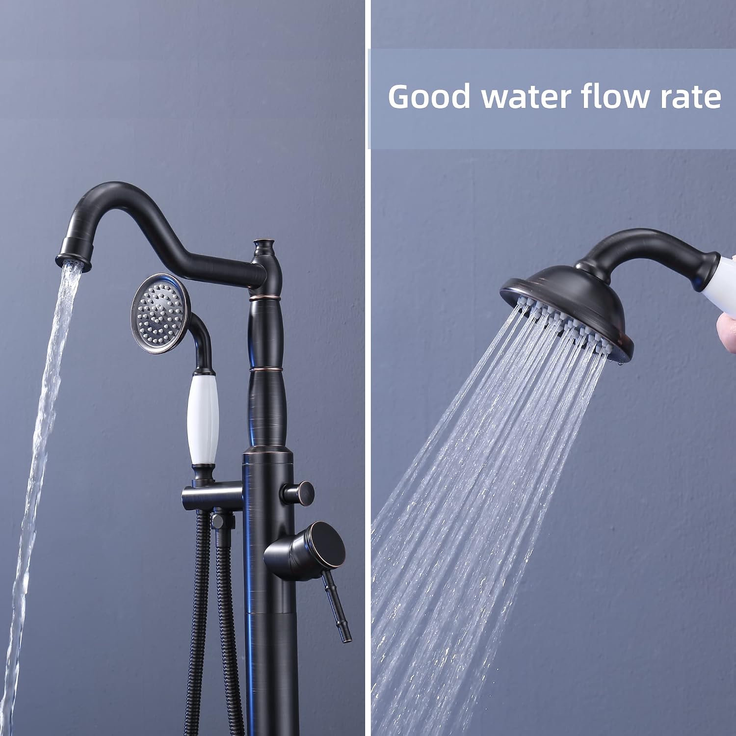 Free Standing Tub Faucet Oil-Rubbed Bronze, Freestanding Bathtub Faucet Tub Filler Classic Brass Stand Alone Clawfoot Tub faucet Soaking Tub Fillers Floor Mount with Rotate Handheld Shower