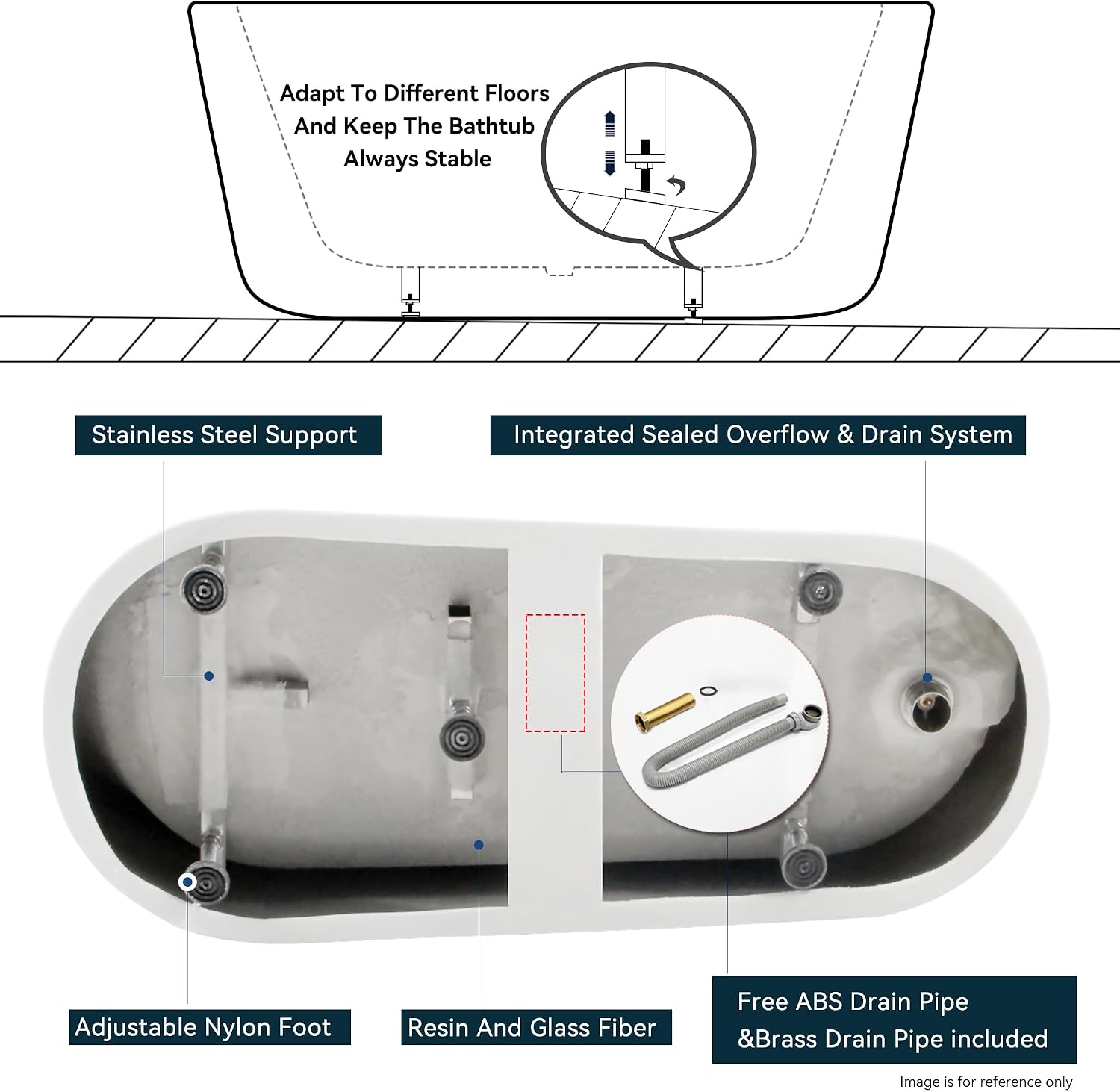 FerdY Langkawi 67' Acrylic Freestanding Bathtub, White Modern Stand Alone Soaking Bathtub, cUPC Certified, Brushed Gold Drain and Minimalist Linear Design Overflow Included, Easy to Install