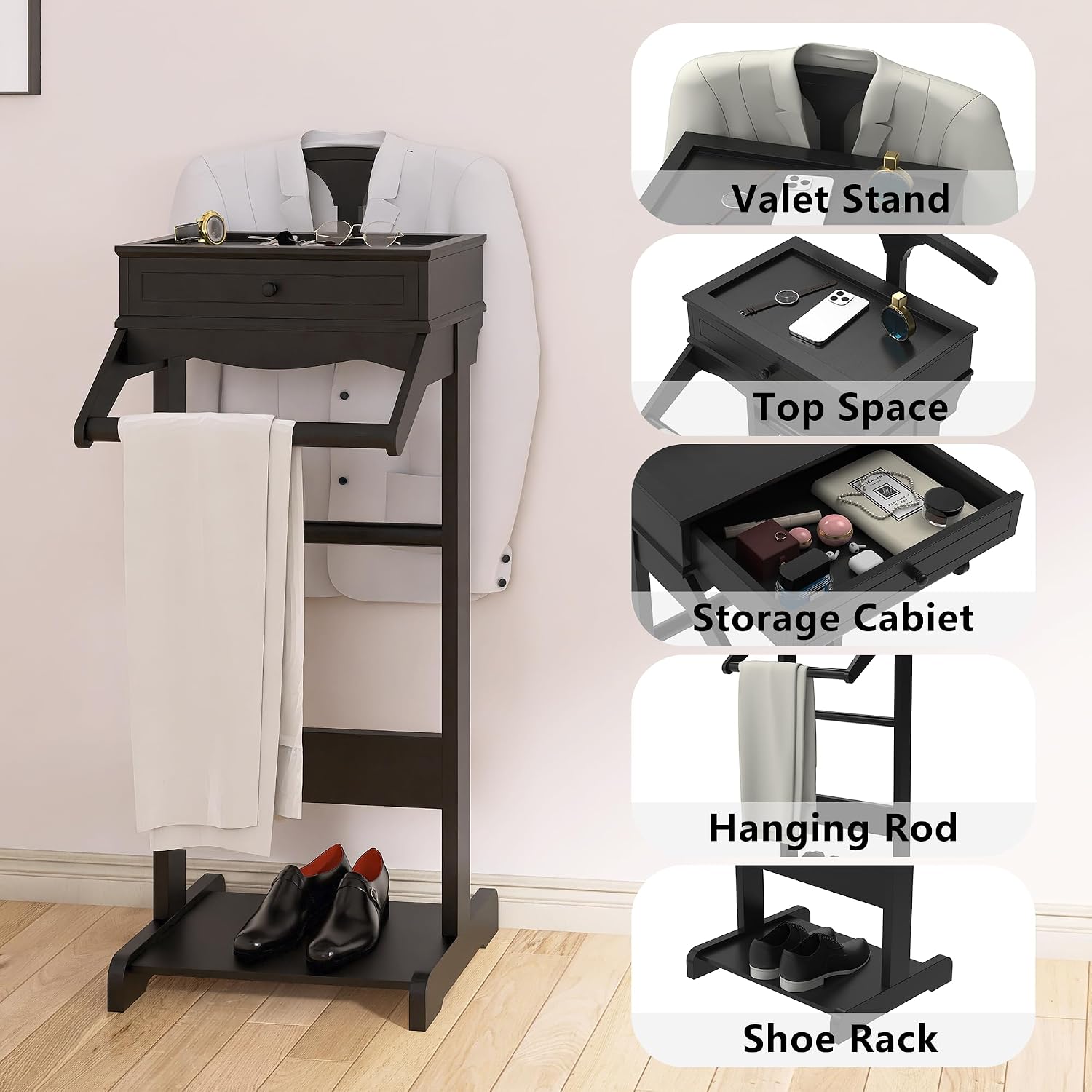 Clothes Valet Stand for Men, Wooden Clothing Rack with Drawer, Hanger, Tray, Drawer, Rods, Women Garment Valet for Bedroom, Living Room, Entryway, Office, Black