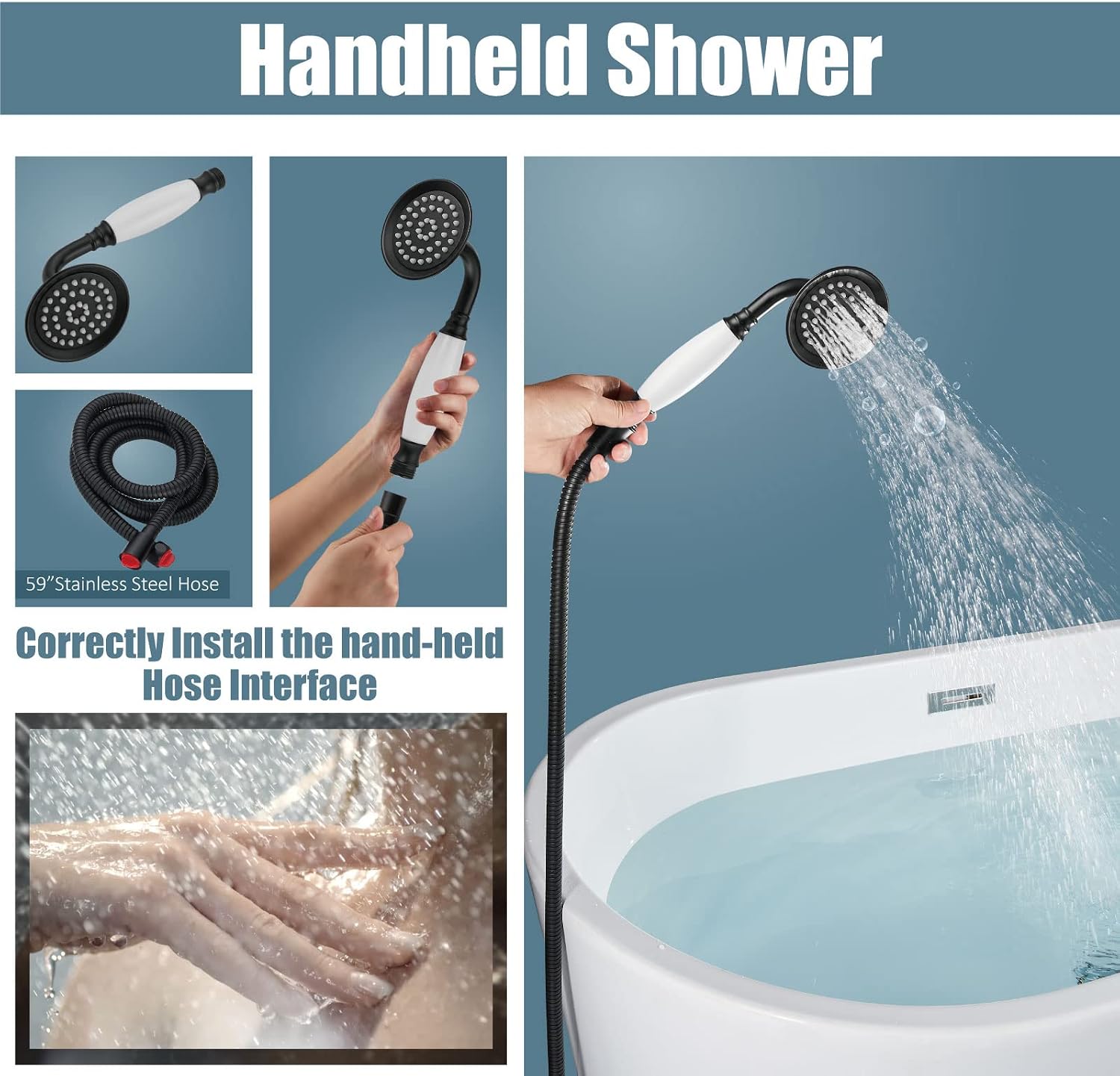Aolemi Floor Mount Bathtub Faucet Freestanding Tub Filler Standing High Flow Shower Faucets with Ceramic Handheld Matte Black