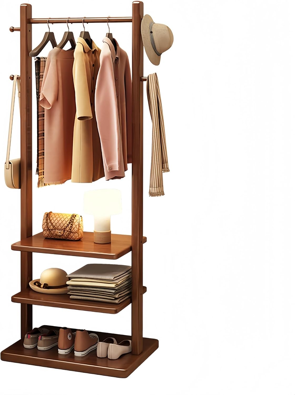 Solid Wood Coat Rack Stand with 3-Tier Shelves & 4 Hooks, Heavy Duty Freestanding Garment Rack for Entryway & Bedroom, Open Wardrobe Clothing Organizer, Walnut Finish(Walnut,23.6in)