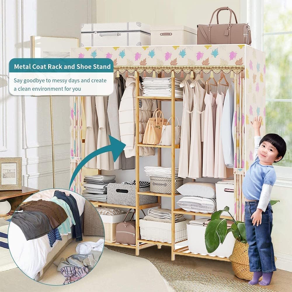 Clothes Rod Rack Garment Hanging Rails, Freestanding Bamboo Coat Stand Rack with Double Clothing Rail and 9 Storage Shelf, with Cover, Clothes Cabinet Wardrobe Organiser 150X4