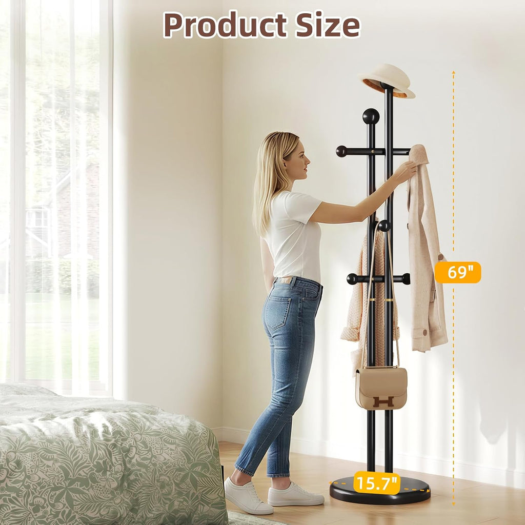 CozyDH Coat Rack Wooden Freestanding - Wood Coat Rack Freestanding Heavy Duty, Wooden Coat Stand with 6 Hooks Creative Look for Entryway, Hallway, Bedroom (Black)