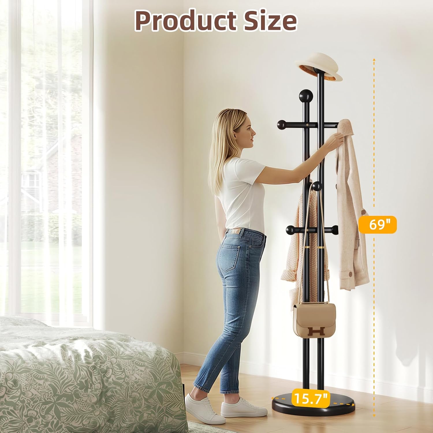 CozyDH Coat Rack Wooden Freestanding - Wood Coat Rack Freestanding Heavy Duty, Wooden Coat Stand with 6 Hooks Creative Look for Entryway, Hallway, Bedroom (Black)