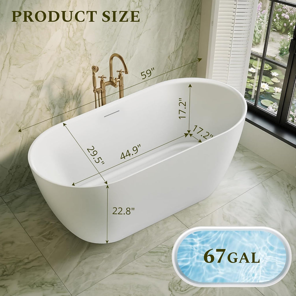 59' Freestanding Bathtub, Modern Oval Acrylic Soaking Tub with Overflow & Shower Function, Deep Standalone Tub with cUPC Certification, Double-Walled Insulation, White (59Inch)