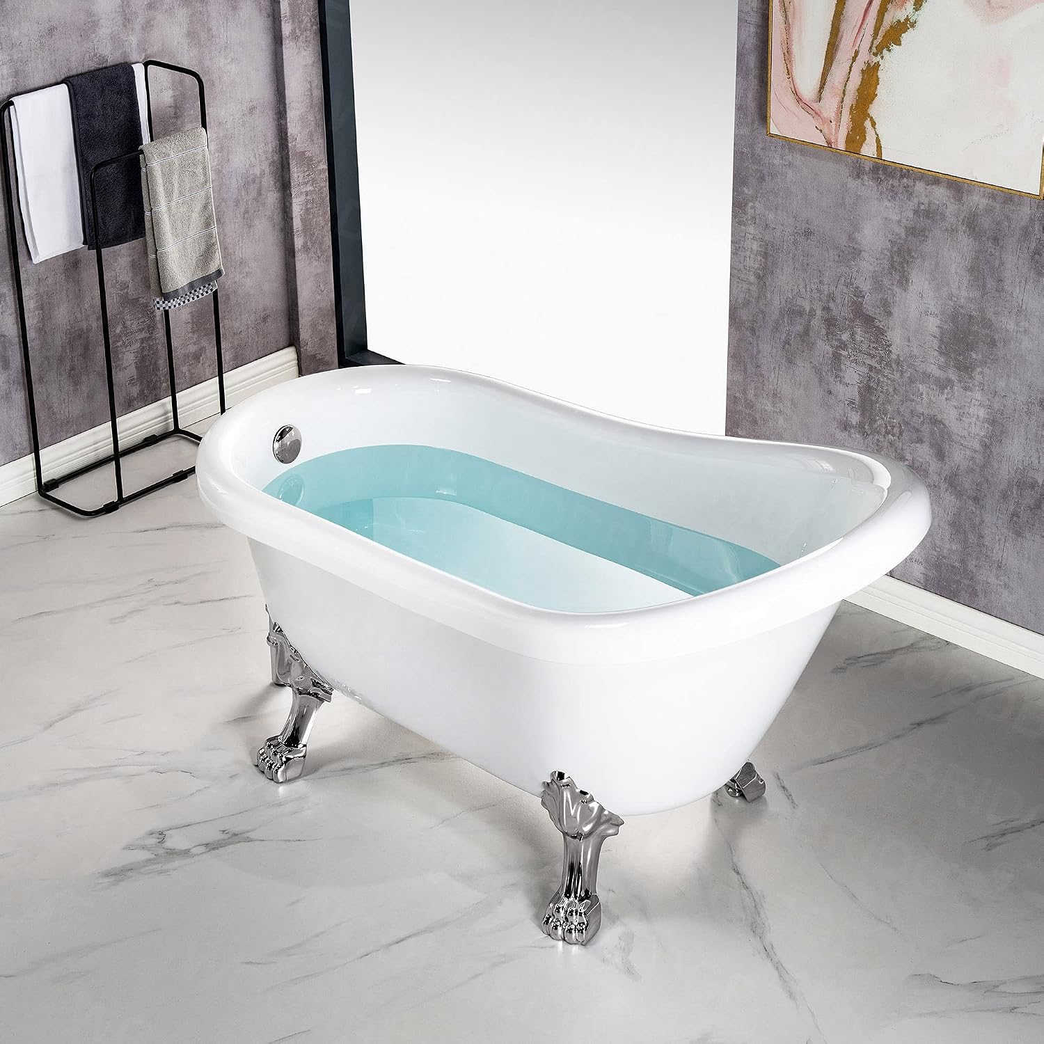 WOODBRIDGE 54' Heavy Duty Acrylic Slipper Clawfoot Bath Tub with Brushed Nickel Feet + Brushed Nickel Drain &Overflow