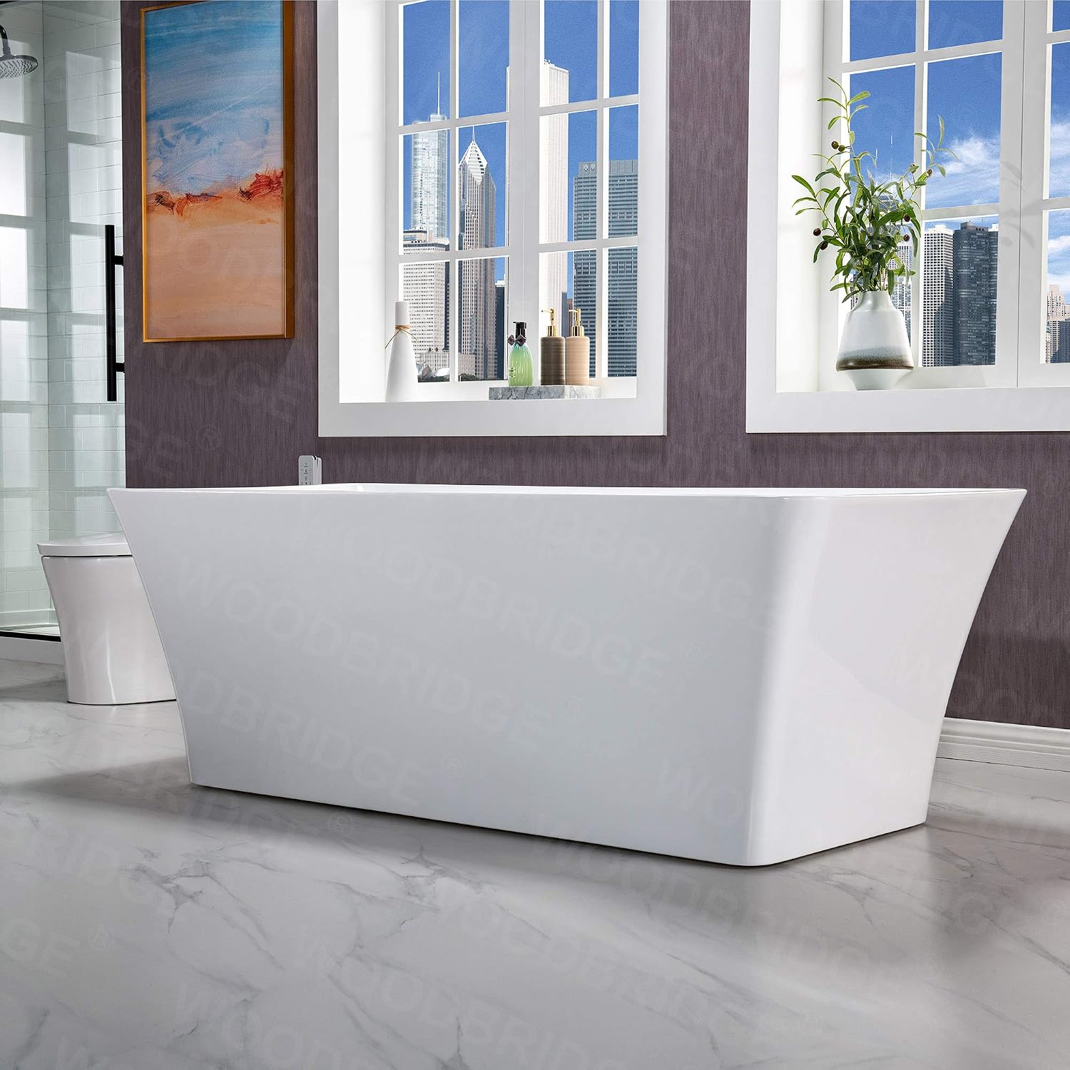 WOODBRIDGE 67' Acrylic Freestanding Bathtub Contemporary Soaking White Tub with Brushed Nickel Overflow and Drain，BTS1609 -B/N-Drain &O