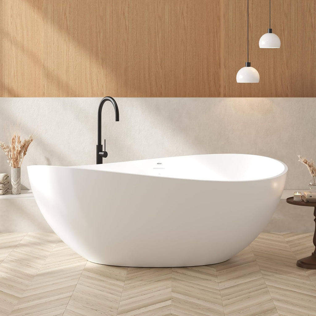 FerdY Lamu 63' Stone Resin Freestanding Bathtub, Gracefully Shaped Freestanding Bathtub, Solid Surface Soaking Tub, Matte White, cUPC Certified, Pop-up Drain and Integrated Slotted Overflow
