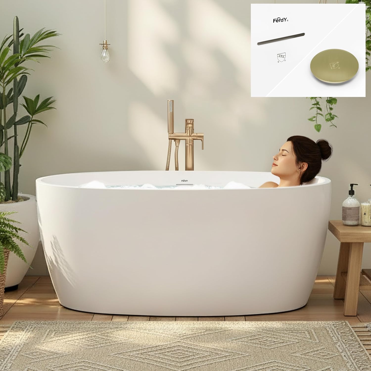 FerdY 55' Acrylic Freestanding Bathtub, Contemporary Soaking tub with cUPC Certified, Elegant Oval Shape, Brushed Gold Drain, Tahiti
