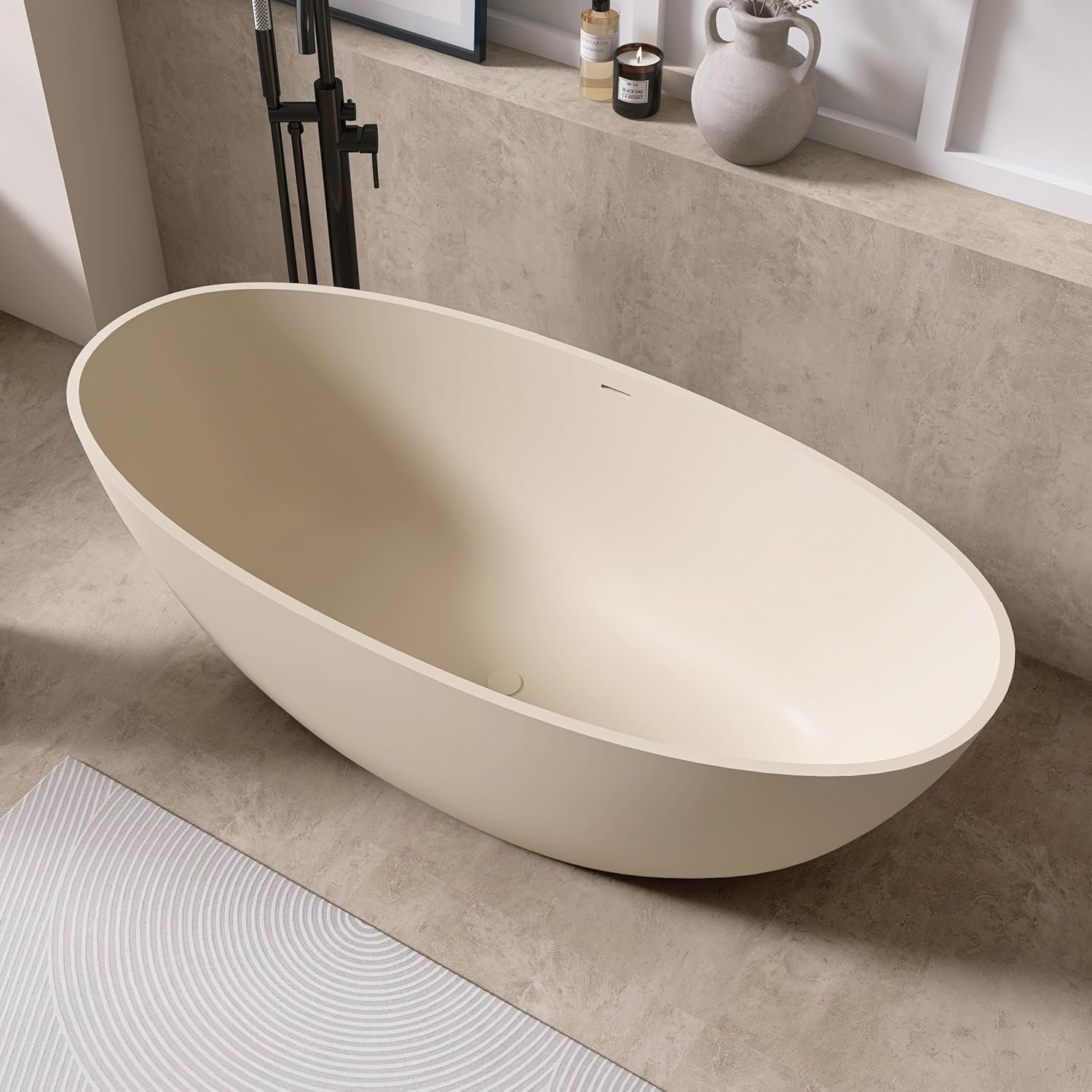 65' Freestanding Bathtub Tubs Resin Stone, Solid Surface Free Standing Tub, Oval Sorker Tub Bathtubs with Overflow and Pop up Drain, Latte Color303-165