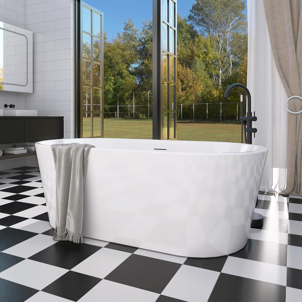 59' Free Standing Tub, Pure Acrylic Freestanding Bathtub, Stylish Stand Alone Contemporary Deep Soaking Bath Tub, cUPC Certified SY1550 (Glossy White)