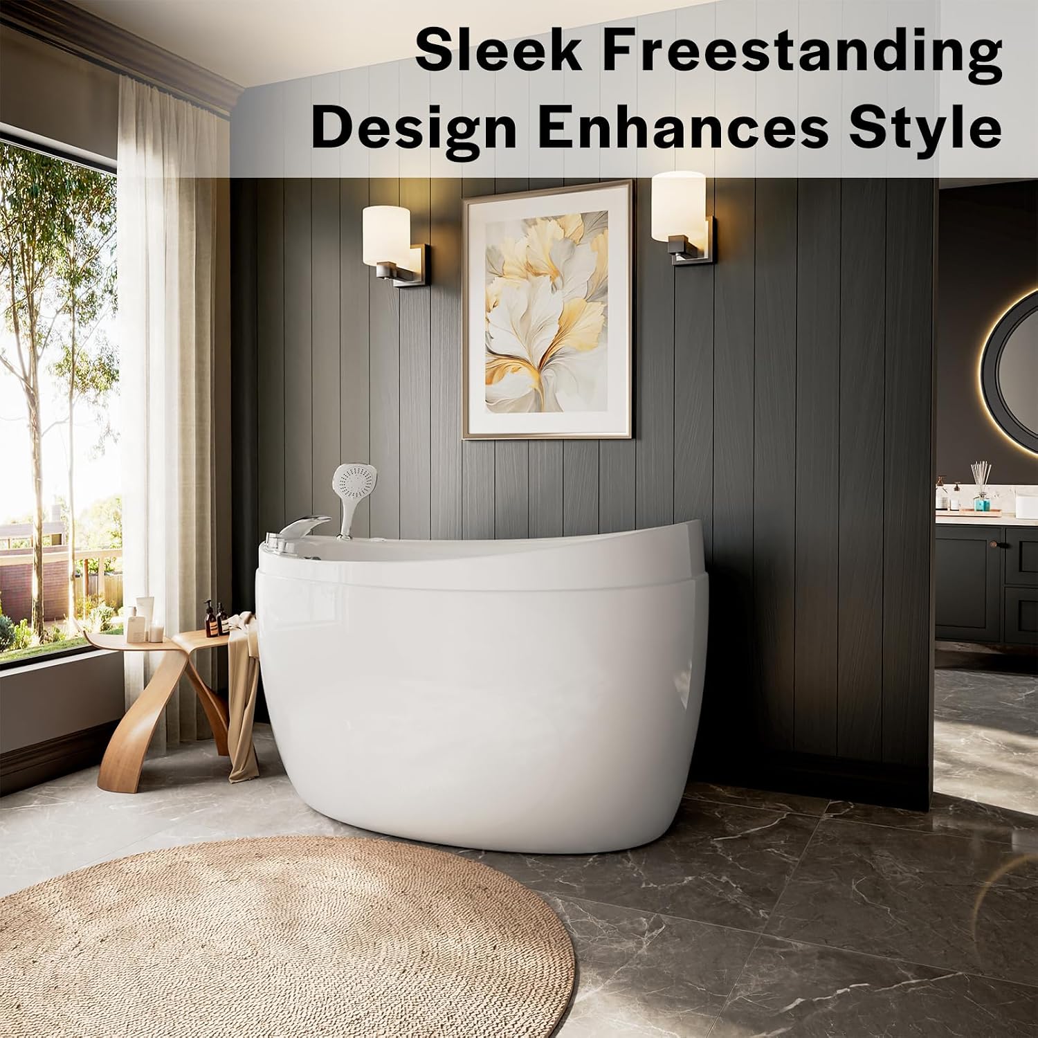 Empava Bathtub,59 Inch Soaking Tub with Chrome Faucet & Showerhead, Oval Deep Soak Acrylic bathtub with Integrated Seat, Japanese Style Design, Slip-Resistant Floor, Glossy White
