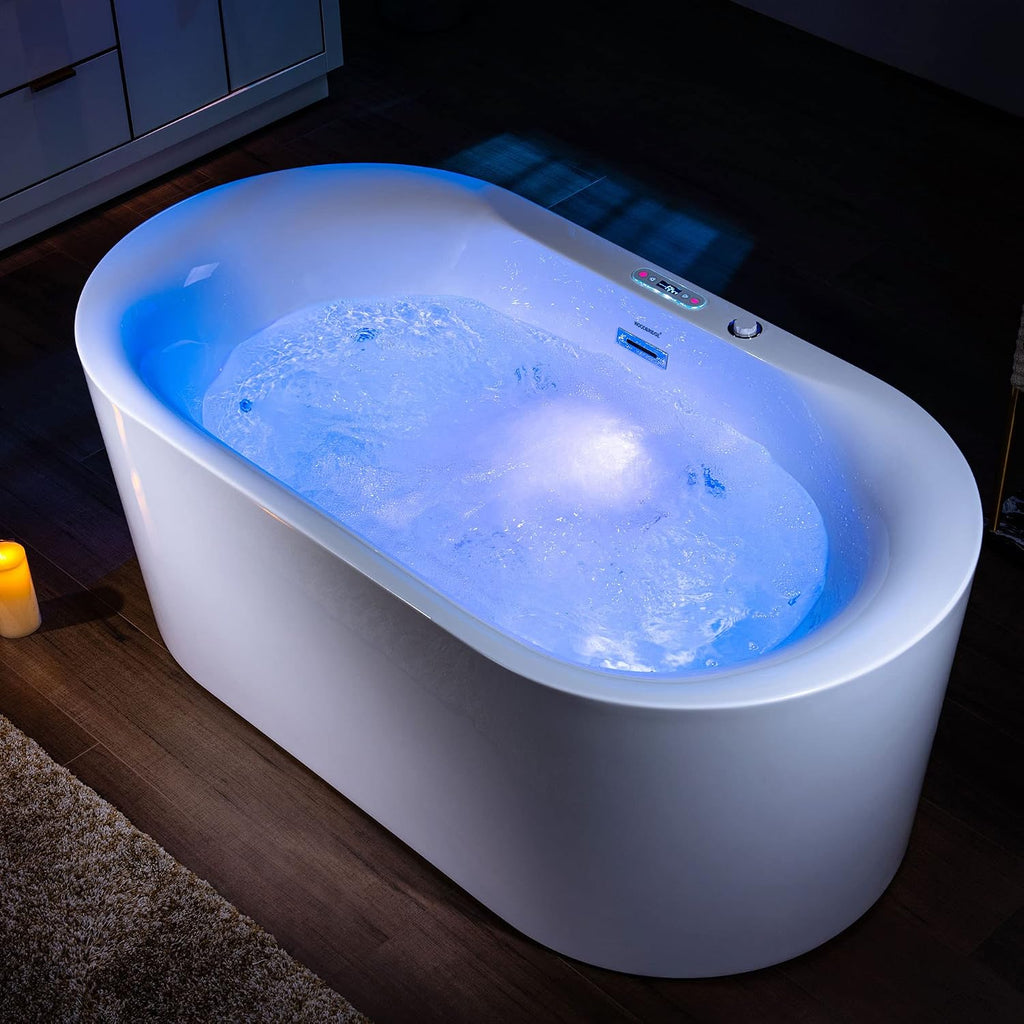 WOODBRIDGE 59' x 31-1/2' Whirlpool Water Jetted and Air Bubble Freestanding Heated Soaking Combination Bathtub with LED control panel, BJ100, White | Whirlpool Water Jetted, Air Bubble, Heated Soaking, LED Control Panel
