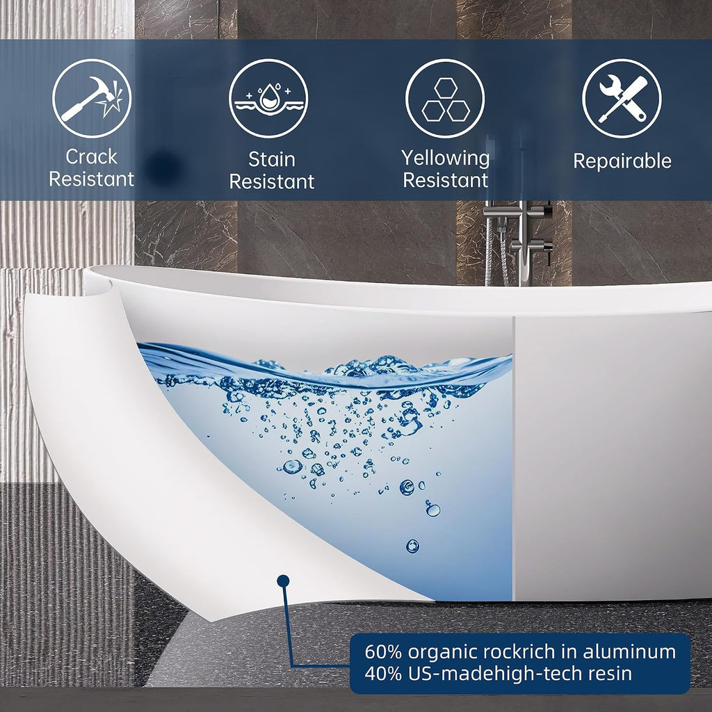 73'' Freestanding Bathtub, Stone Resin Free Standing Tub, High-Back Soaking Tub, Contemporary Design Stand Alone Tub with Pop-up Drain and Overflow, 2 Person Bathtub