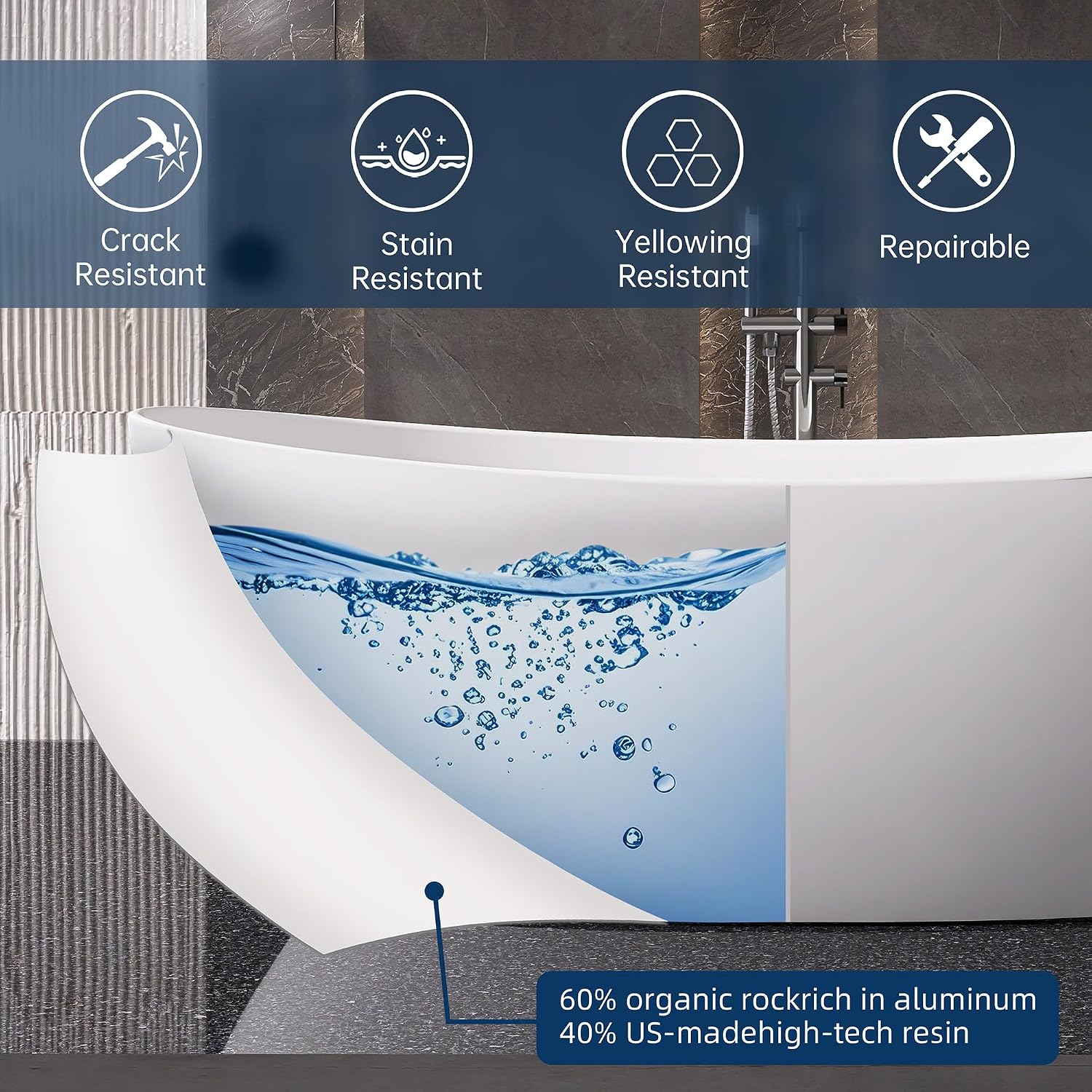 73'' Freestanding Bathtub, Stone Resin Free Standing Tub, High-Back Soaking Tub, Contemporary Design Stand Alone Tub with Pop-up Drain and Overflow, 2 Person Bathtub