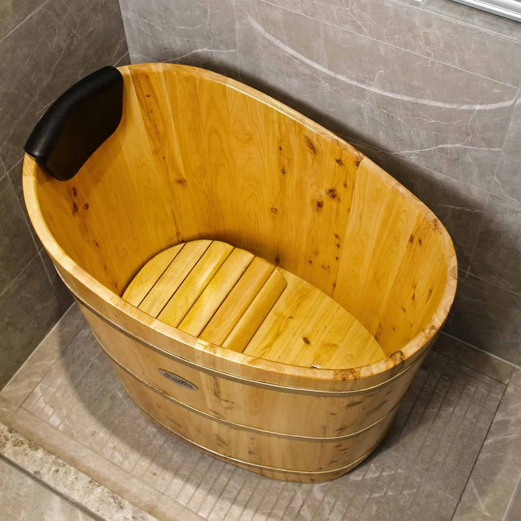 34 Inches Small Handcrafted Free Standing Wooden Bathtub, Portable Deep Soaking Tub for Relaxation, Natural Cedar Wood, Ideal for Home Spas and Bathroom Renovations, Perfect Hot Tub Option