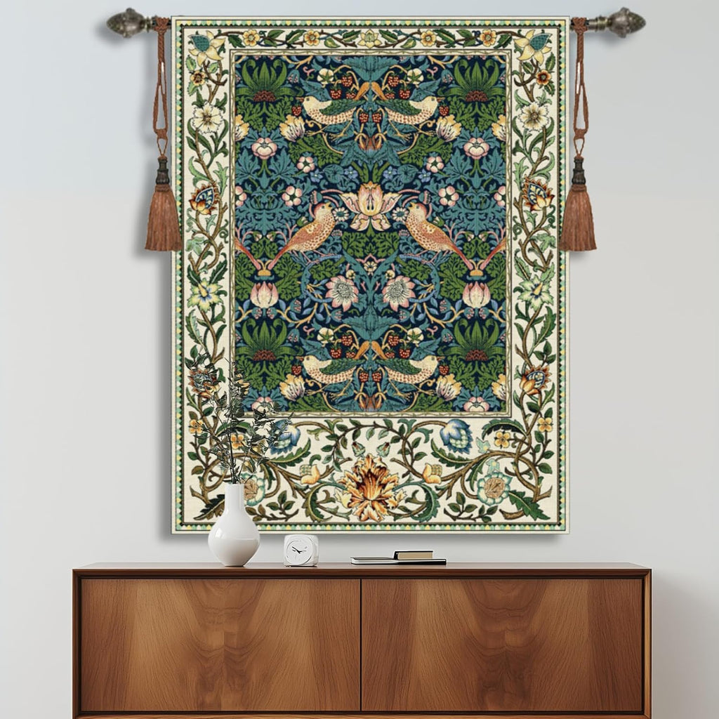 Vintage Medieval Tapestry, William Morris Birds and Flowers, Jacquard Woven Tapestry Wall Hanging for Living Room (Blue)