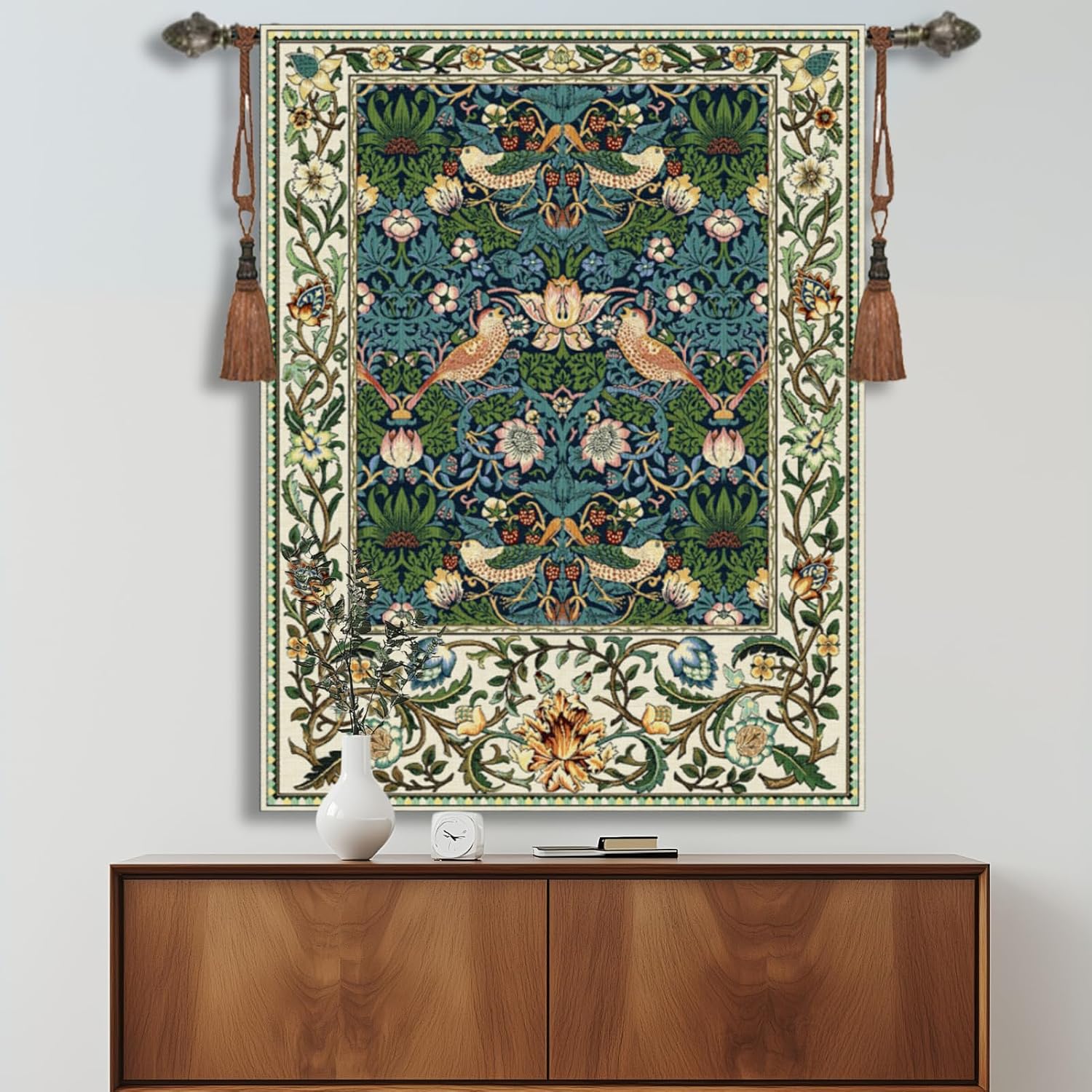 Vintage Medieval Tapestry, William Morris Birds and Flowers, Jacquard Woven Tapestry Wall Hanging for Living Room (Blue)