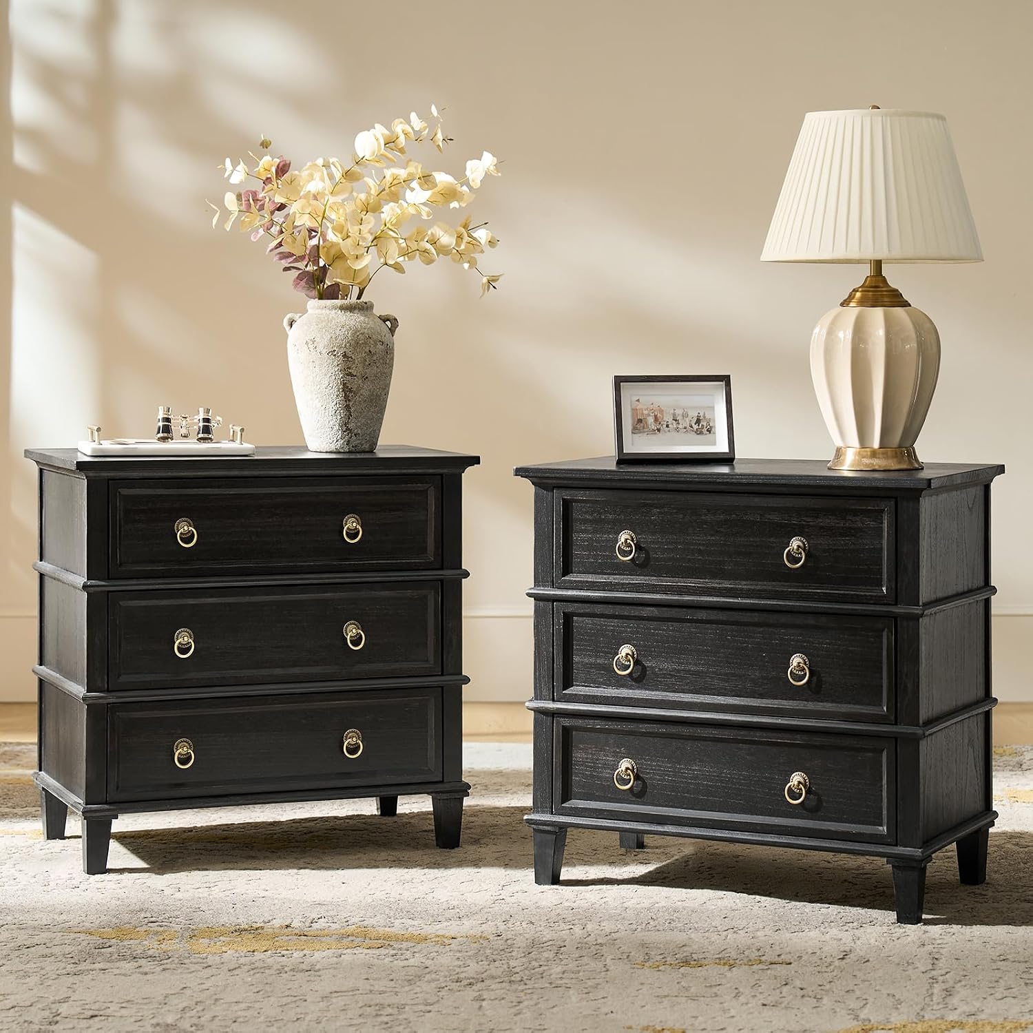 HULALA HOME Farmhouse End Tables Set of 2 with 3 Drawers, Paulownia Solid Wood Side Table with Vintage Knobs, Ancient End Table with Charging Station, Easy Assembly, Charcoal