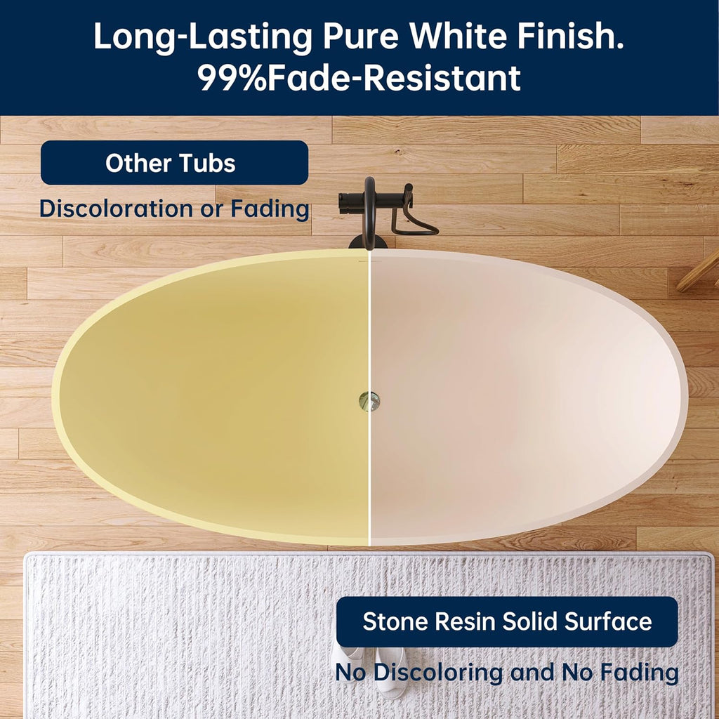 Stone Resin Freestanding Bathtub 65', Elegant Oval Shape Soaking Tub, Solid Surface Stand Alone Bathtub with Drain & Integrated Slotted Overflow AMFS303-1650 milky coffee