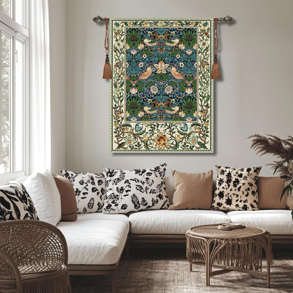 Vintage Medieval Tapestry, William Morris Birds and Flowers, Jacquard Woven Tapestry Wall Hanging for Living Room (Blue)