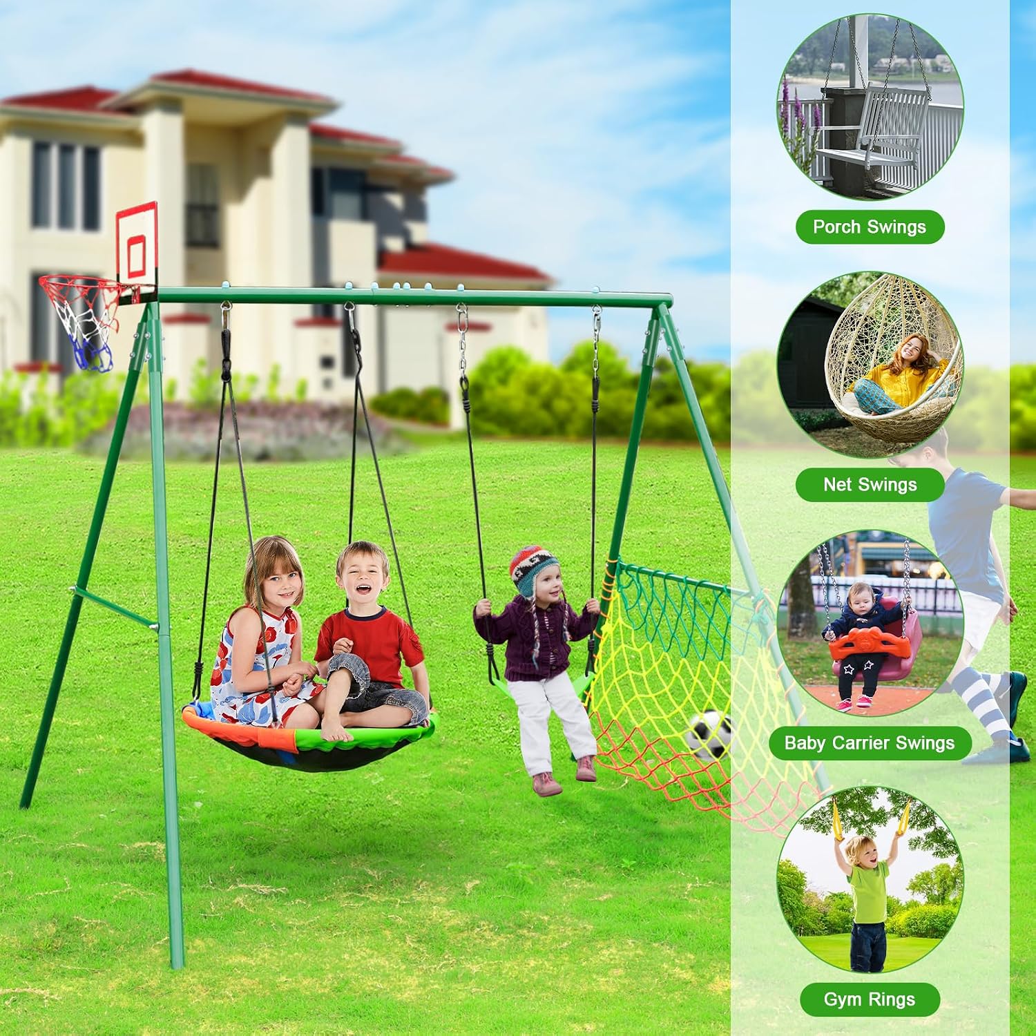 CYFIE Swing Set, Outdoor Playset for Kids with Saucer Swing, Belt Swing, Heavy Duty Metal Frame Swing Stand, Basketball Hoop and Soccer Goal, Swing Sets for Backyard, Playground, Park