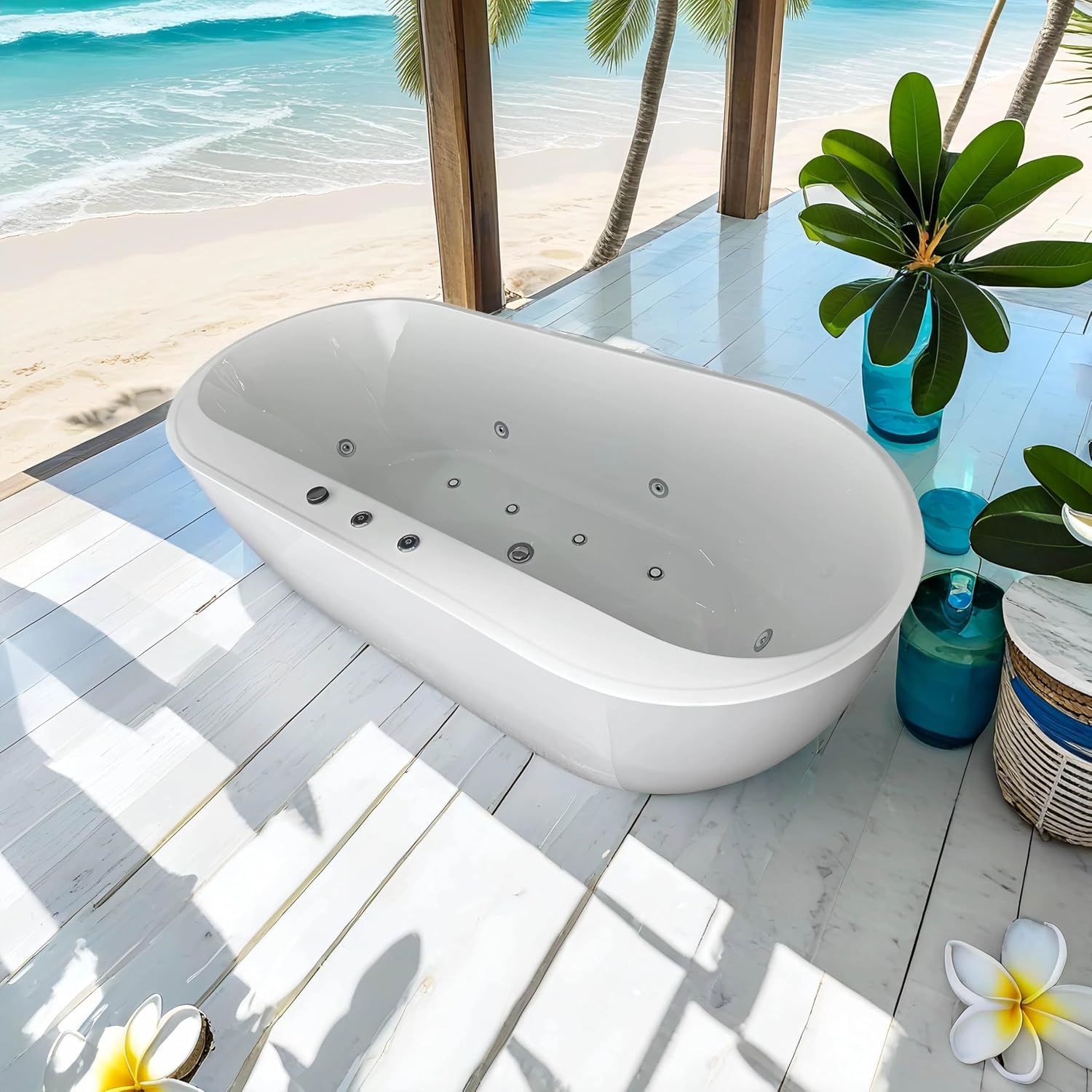 67x31.5 Inch Freestanding Jetted Whirlpool Bathtub | 6 Massage Jets, 8 Air Bubble System, Color-Changing LED Chromatherapy & Adjustable Hydro Massage (white-3)