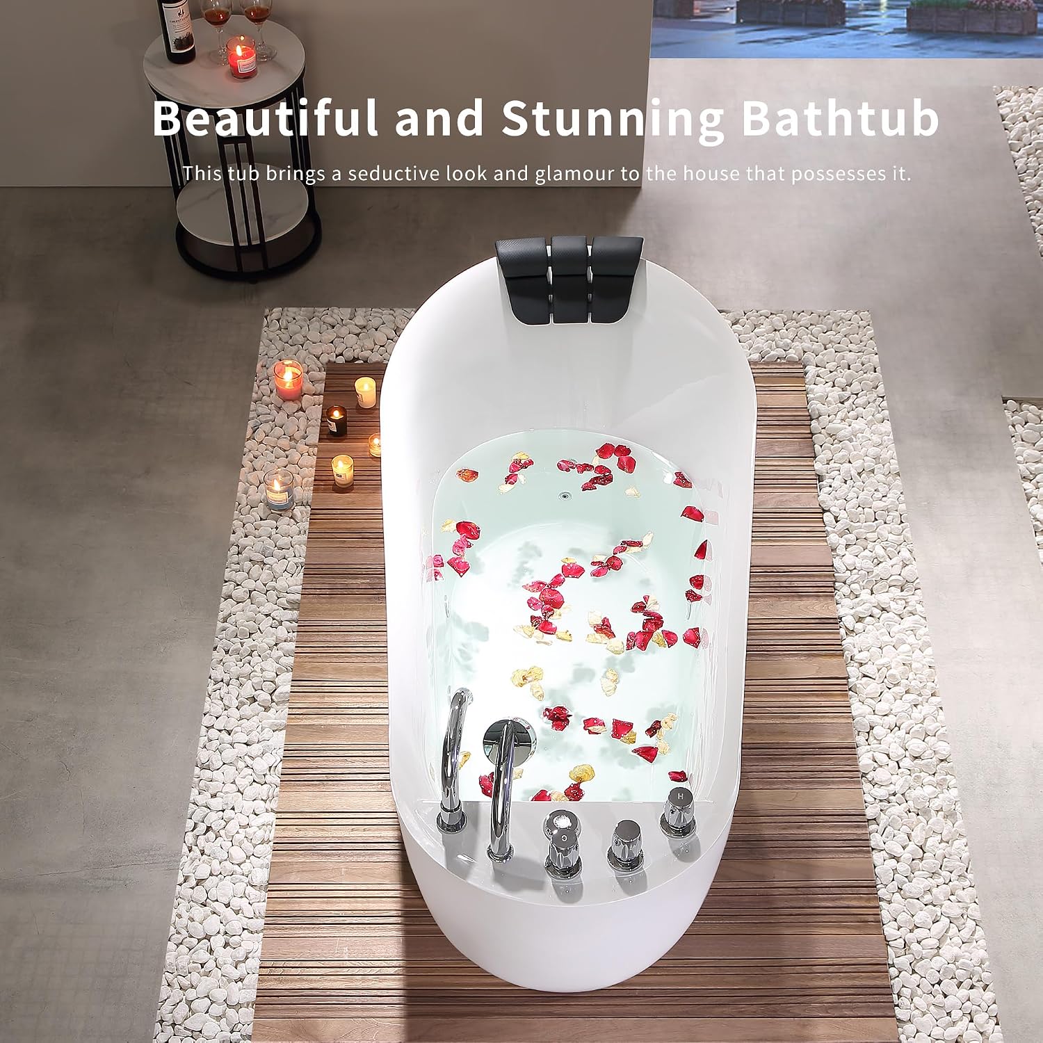 Empava 59' x 29' Freestanding Whirlpool Tub, Acrylic 560W Jetted Bathtub with 7 Hydromassage Nozzles,Lumbar and Neck Support,ETL Certified