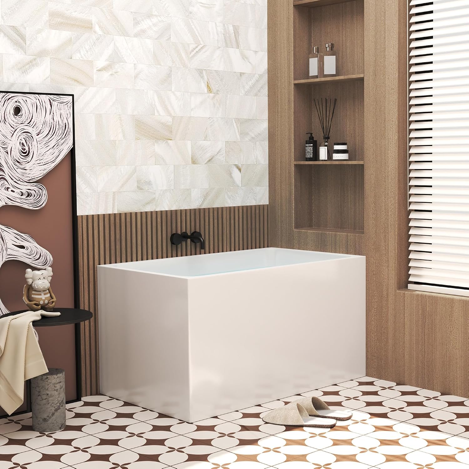 47' Acrylic Freestanding Bathtub with seat: rectangle Shape, Gloss White, Chrome Overflow Pop Up Drain