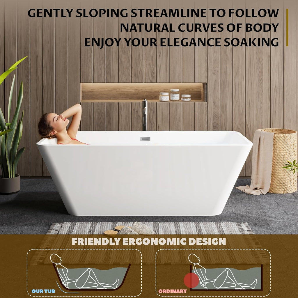 GarveeTech 66 in Acrylic Freestanding Bathtub, Modern Rectangular Soaking Tub, Glossy White, CUPC Certified, Easy Installation, Chrome Drain & Linear Overflow, Stand Alone Bath Tub