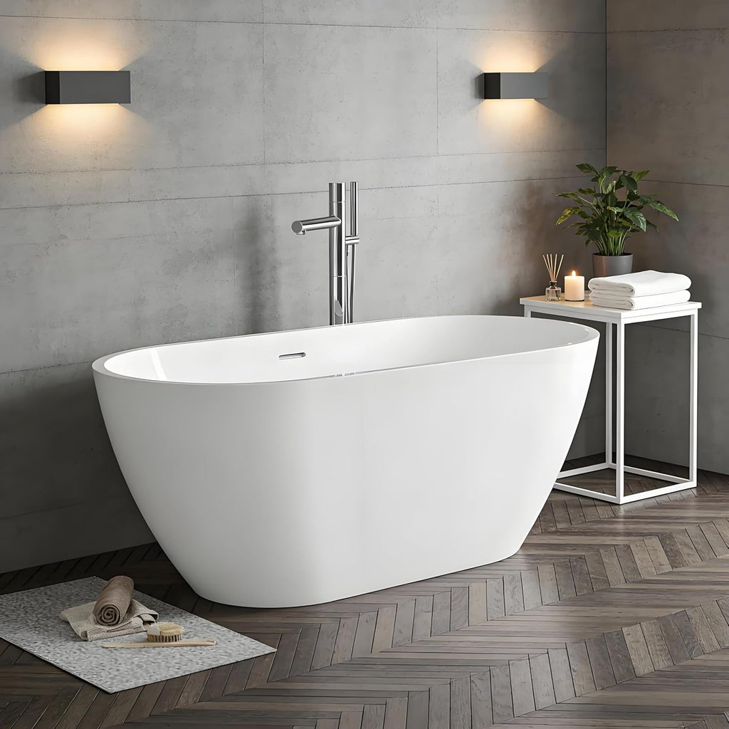 Freestanding Bathtub 59 Inch, Oval Acrylic Stand Alone Tub with Chrome Drain, Modern White Soaking Tub for Bathroom Renovation, Ergonomic Design for Family or Guest Bathroom