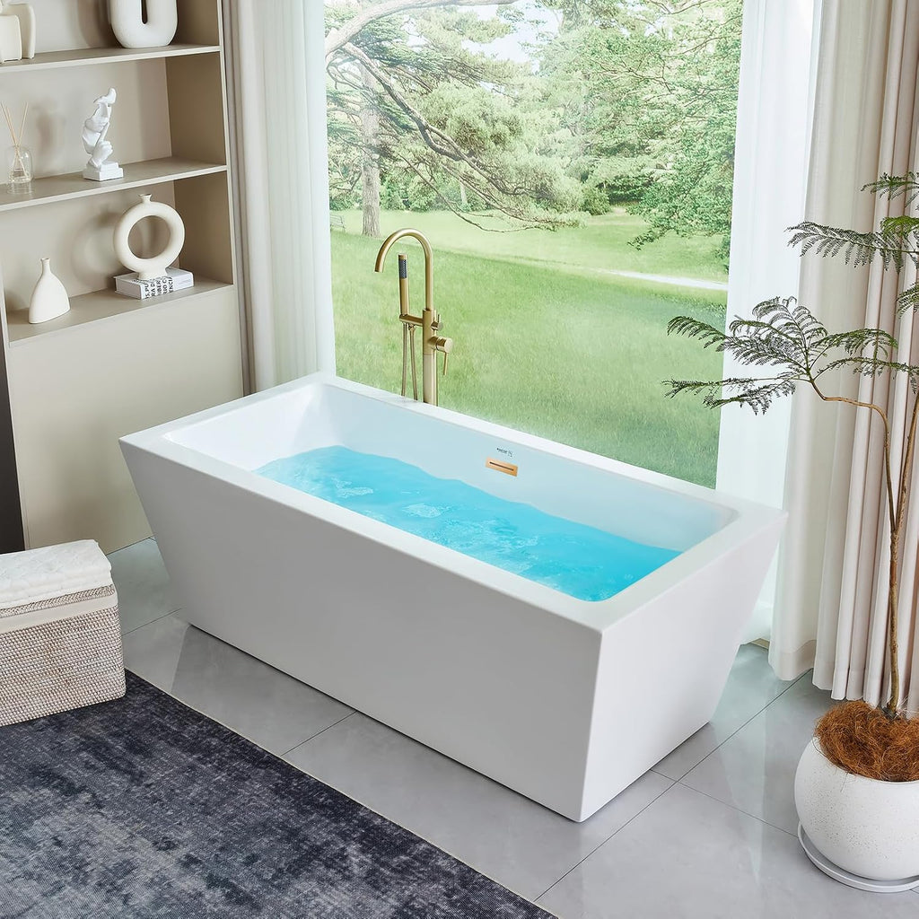 HomeBeyond 59 Inch Freestanding Bathtub | Acrylic Free Standing Tub, Square Flatbottom Freestanding Bathtub Stand Alone Tub, 49 (gallons) capacity
