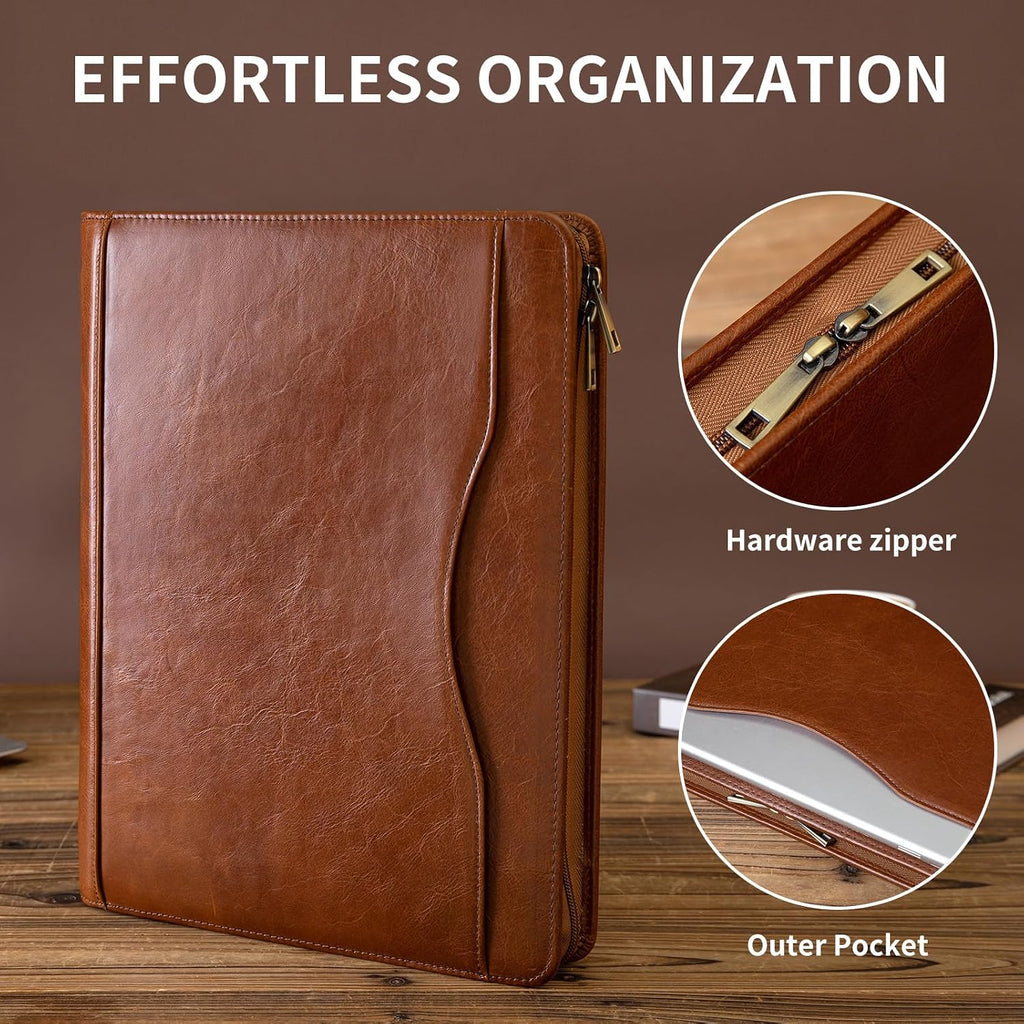 YIWEN Personalized Leather 3 Ring Binder Portfolio with Front Pocket, Zippered Padfolio for 8.5 x 11' Notepad and 13' Tablet, Professional Business Travel Organizer (Brown, Oil Wax Leather)
