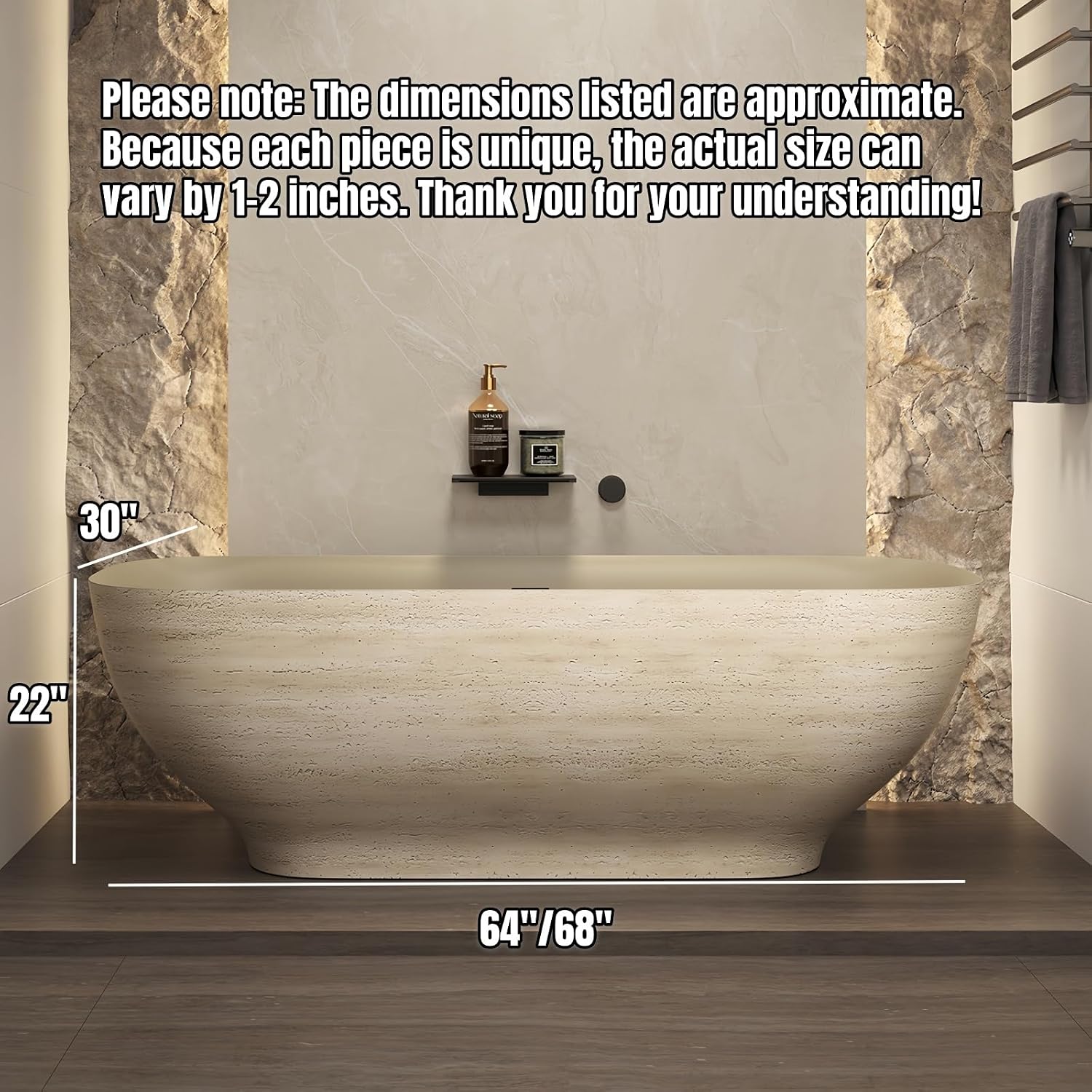 64' Edeyeu Freestanding Bathtub - Extra Deep Soaking Tub, Premium Solid Surface Bathtub for Spa-Level Comfort, Durable Free Standing Bathtub for Modern Bathroom Relaxation Style A