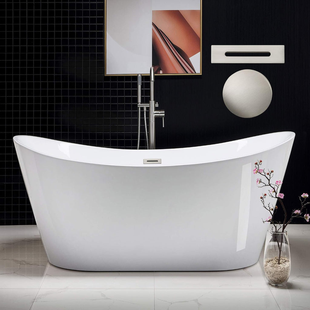 WOODBRIDGE 67' Acrylic Freestanding Bathtub Contemporary Soaking Tub, White Acrylic (Brushed Nickel Drain/Overflow),B-0010 B/N-Drain &O