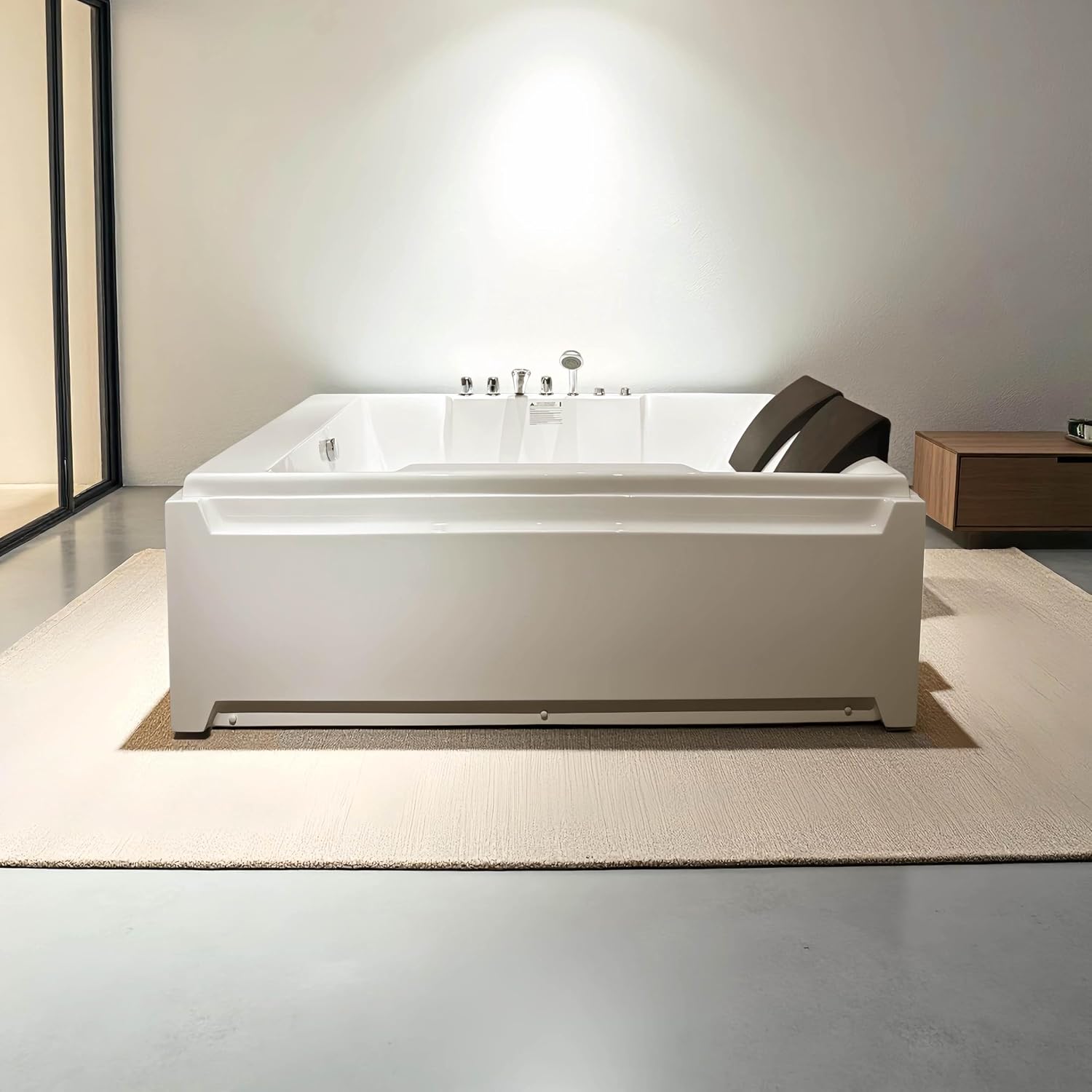 72'x48' Acrylic Jetted Tubs with 8 Whirlpool Nozzles, 2 Person Massage Whirlpool Bathtub with Pillows, 3 Sided Apron Design, Hydro Massage, Color-Changing LED Lights Chromatherapy, Left Drain