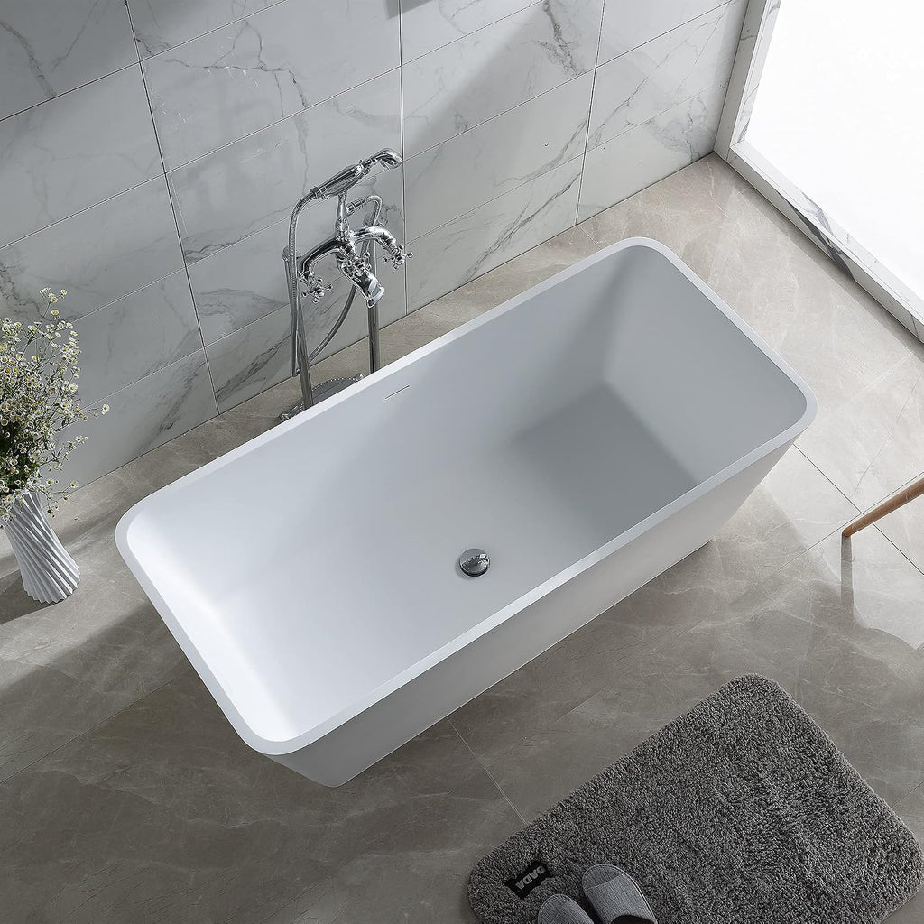 Dowell 60' Luxury Modern Stone Resin Freestanding Bathtub | Matte White Square Shape Solid Surface Soaking Tub with Integrated Slotted Overflow 076 59